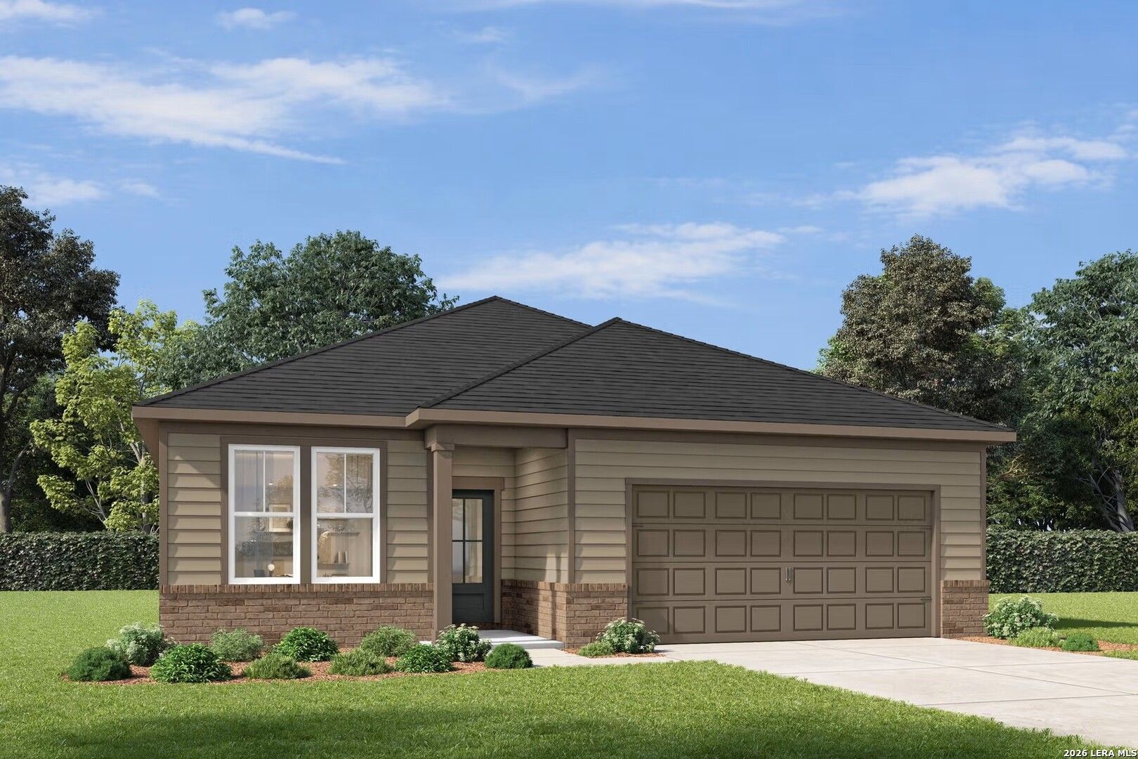 Single-story brick and siding home with 2-car garage and landscaped yard in The Sorrel D floor plan, Morgan Meadows, San Antonio