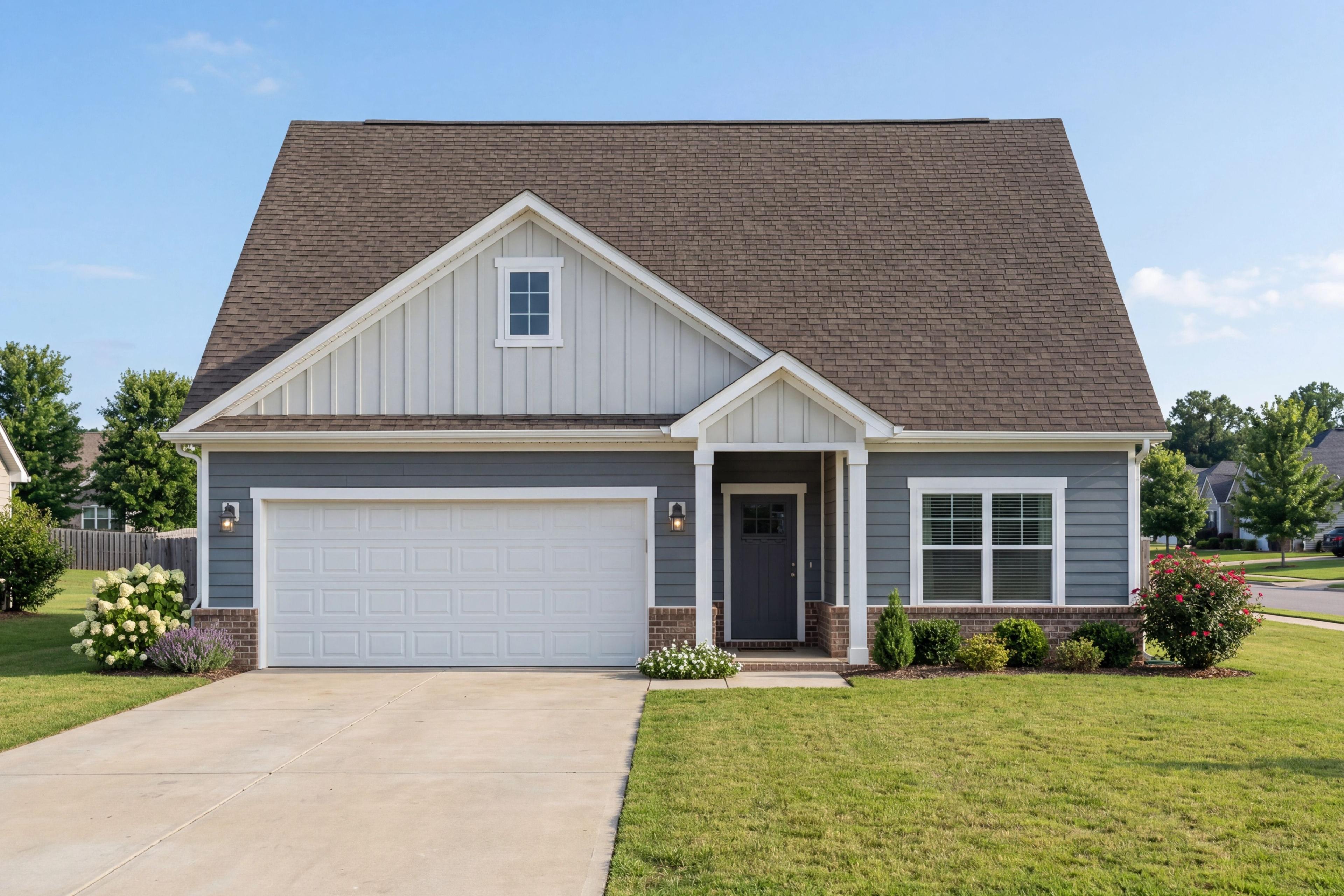 The Everett C single-family home design in Cullman, AL featuring a 1-story exterior with 2-car garage and board-and-batten.