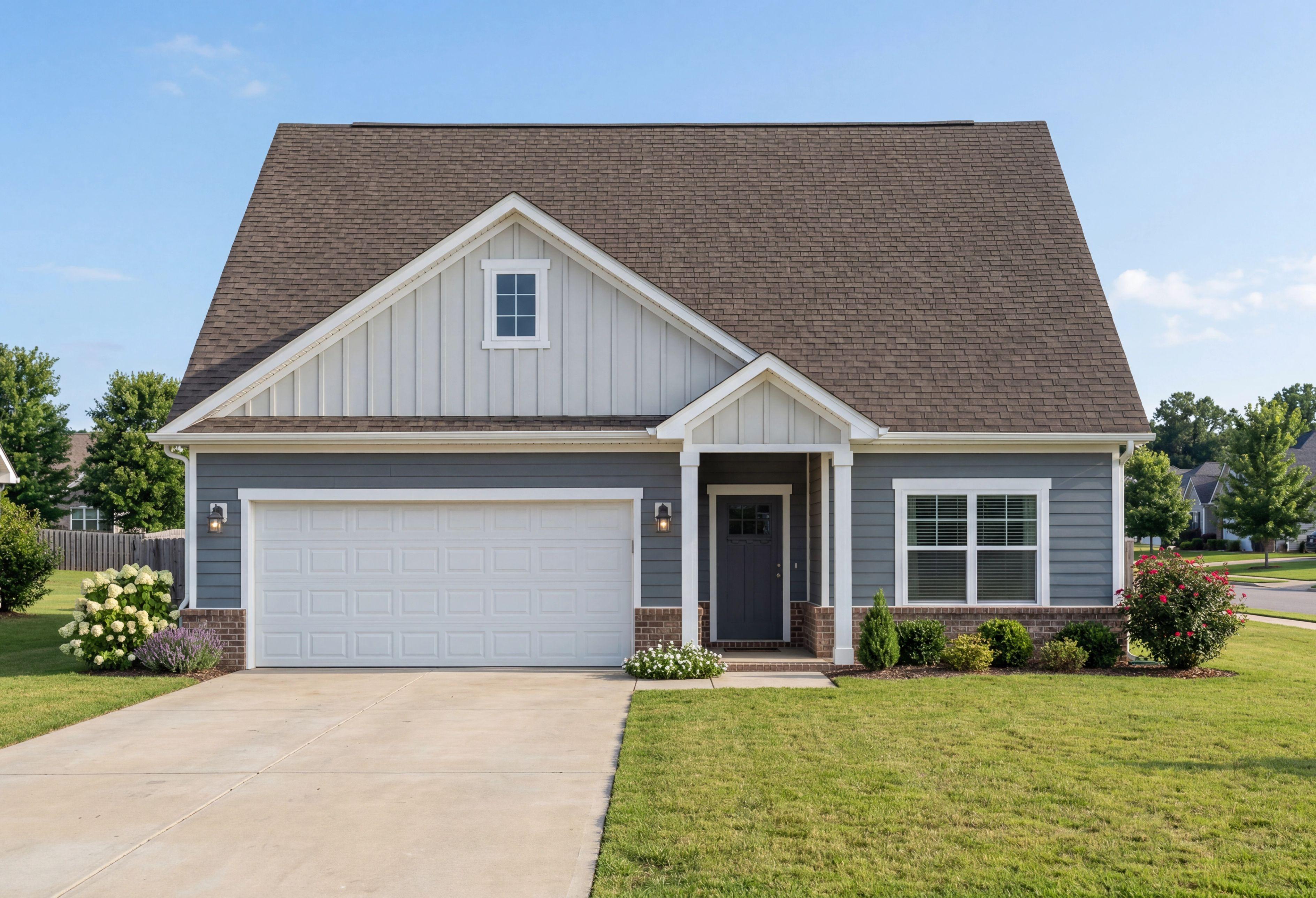 The Everett C single-family home design in Cullman, AL featuring a 1-story exterior with 2-car garage and board-and-batten.