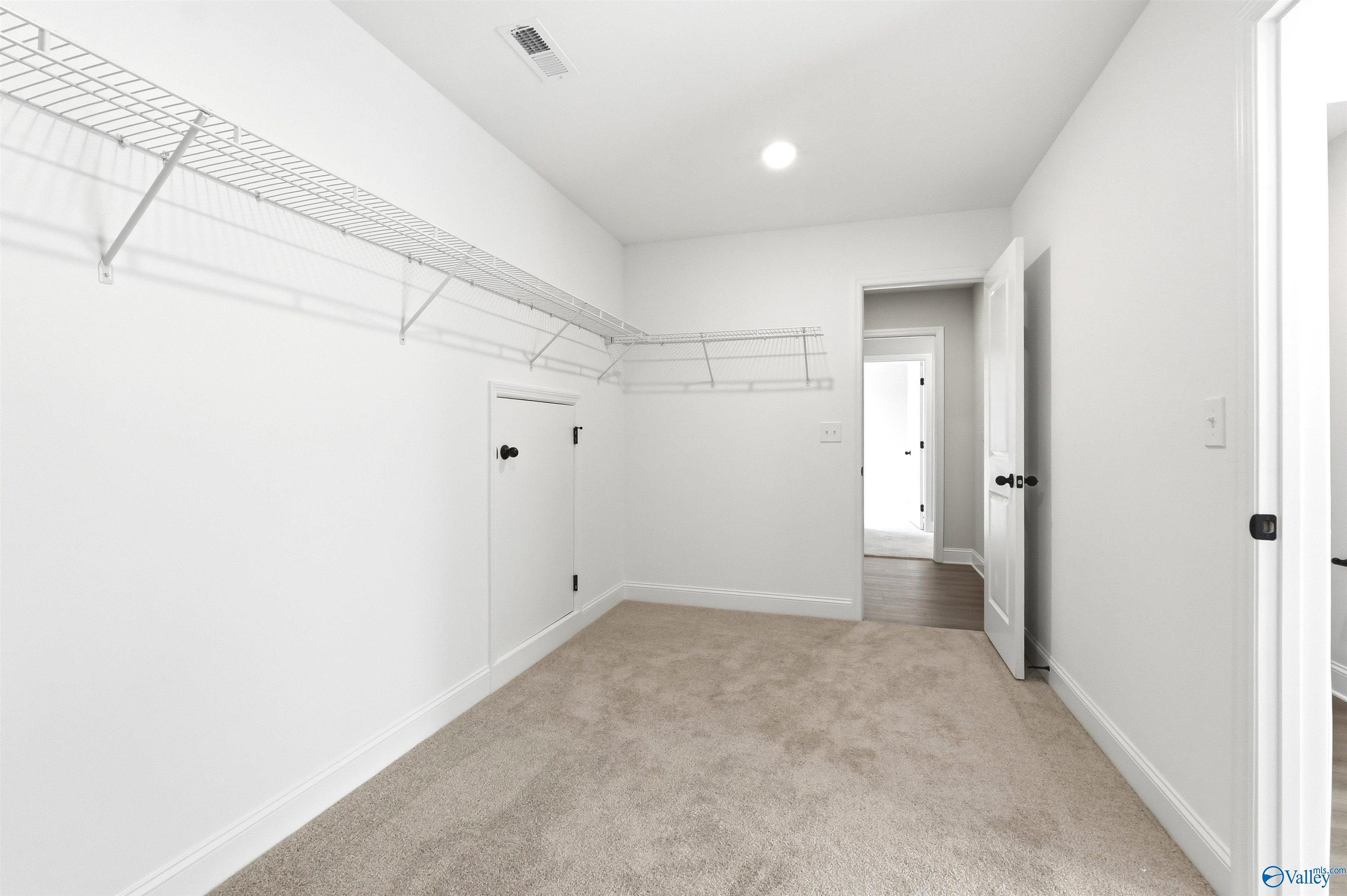 Walk-in closet with carpet and attic access in The Chelsea D floor plan by Davidson Homes in Berry Cove, New Market, AL.