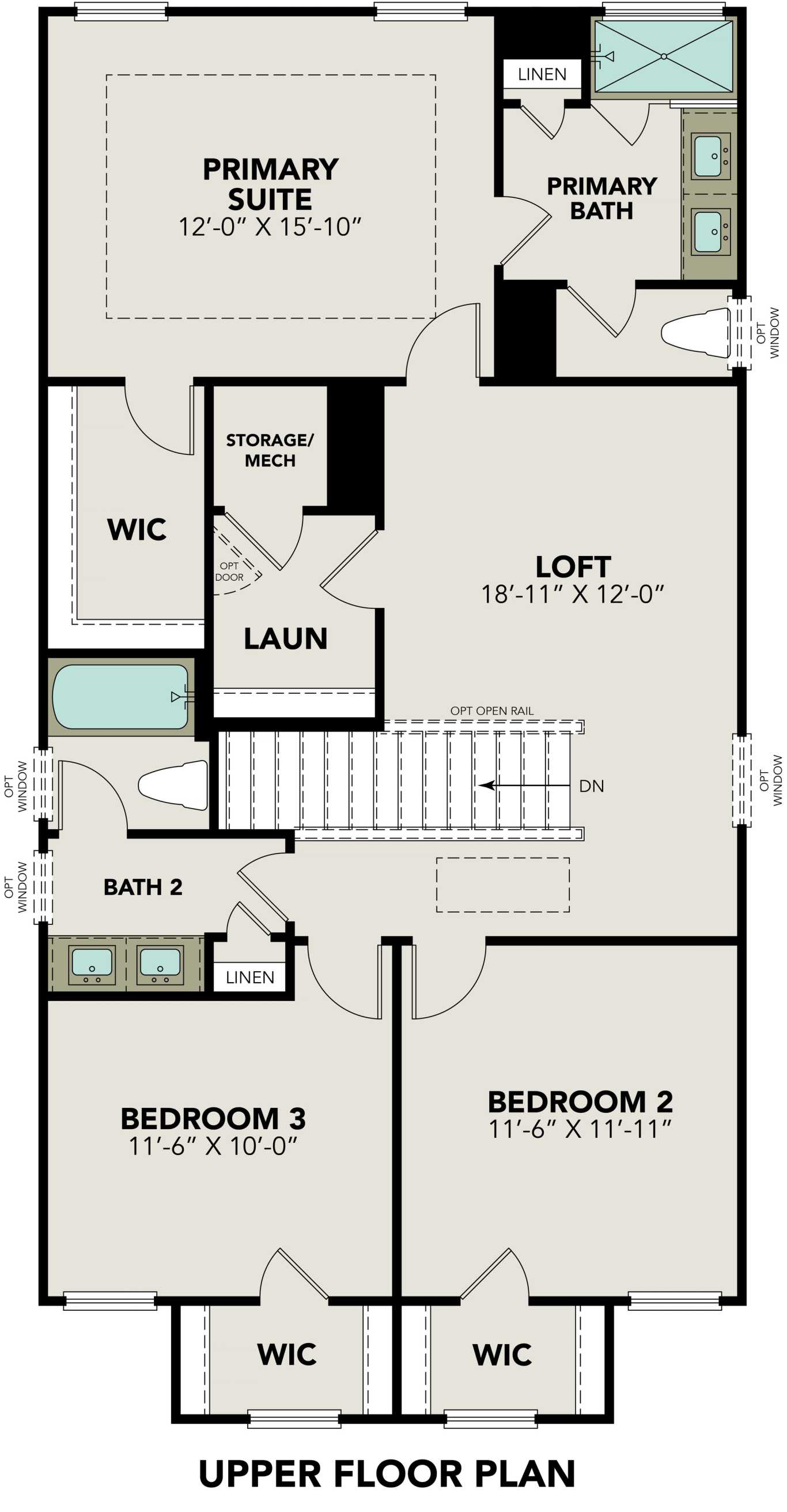 Upper floor plan of The Charlotte B: primary suite with bath, loft, bedrooms 2 & 3, laundry in 3-bed Davidson Homes, San Antonio, TX