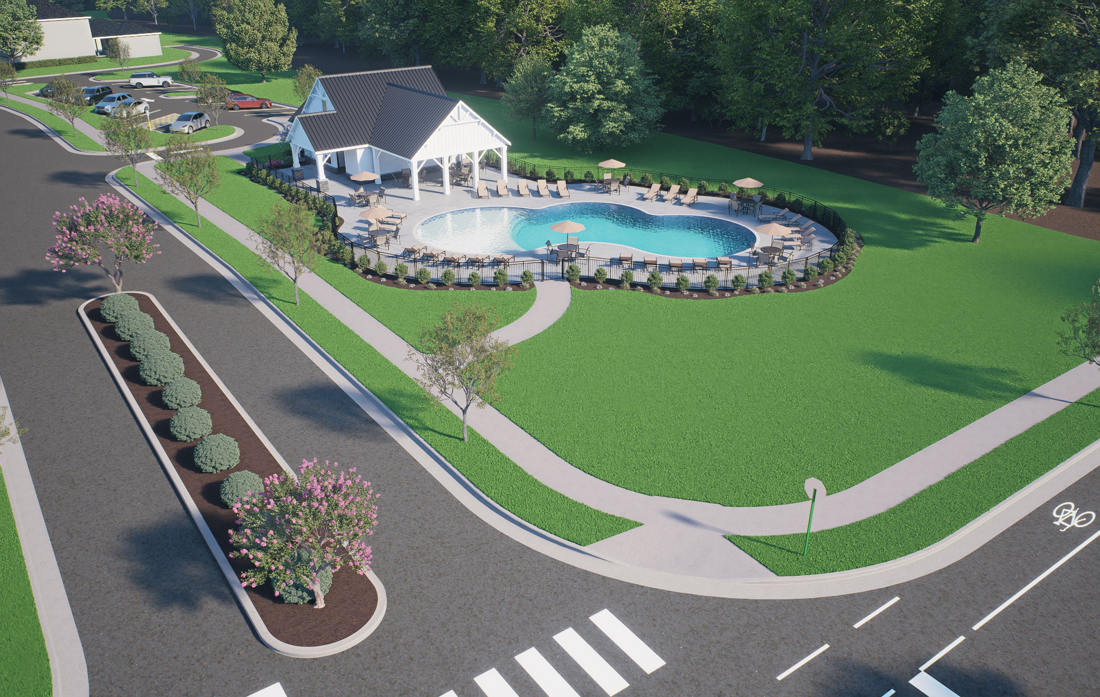 Resort-style swimming pool at Forestville Yard in Knightdale NC with lounge chairs, umbrellas, and covered pavilion