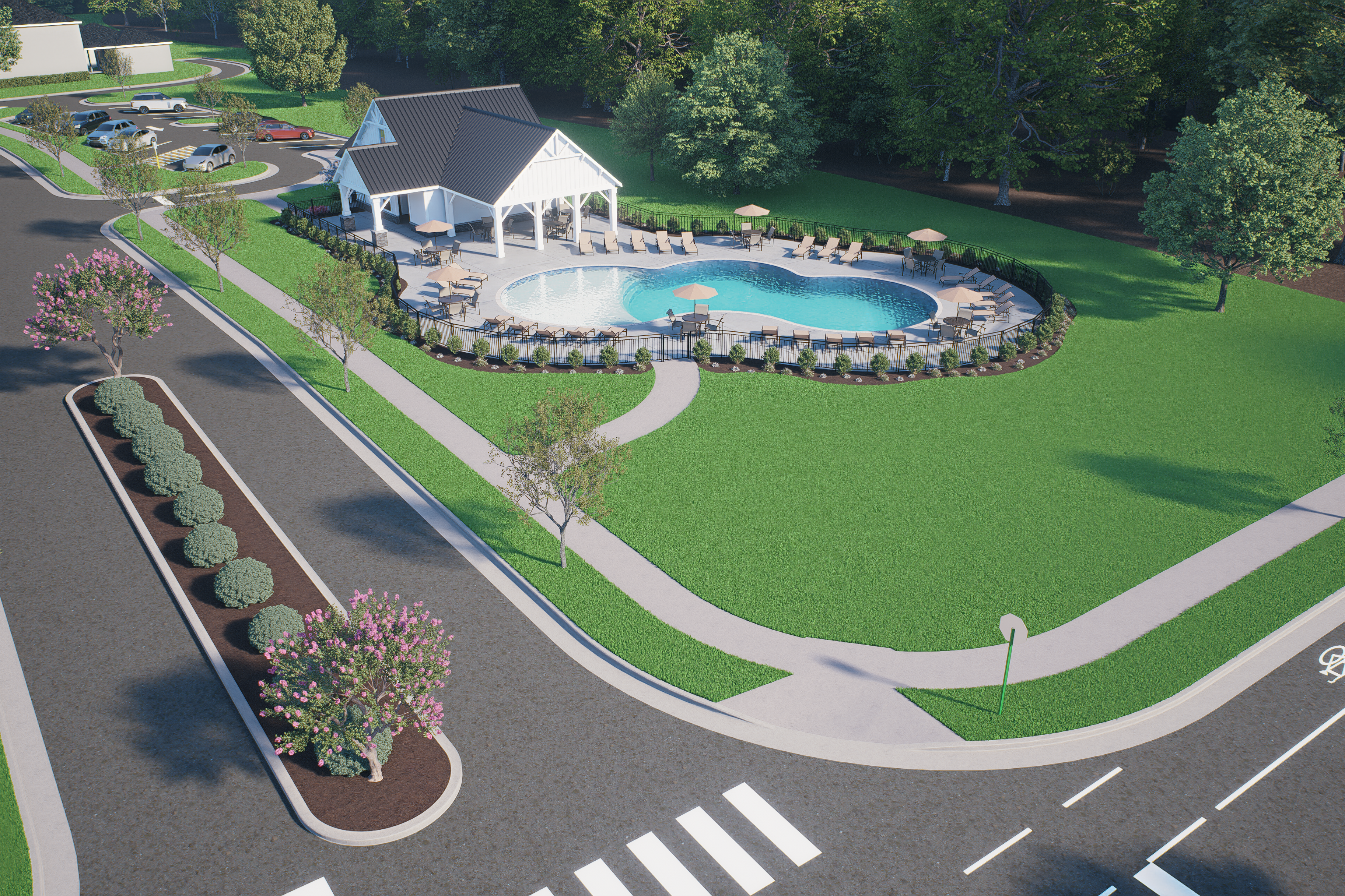 Resort-style swimming pool at Forestville Yard in Knightdale NC with lounge chairs, umbrellas, and covered pavilion