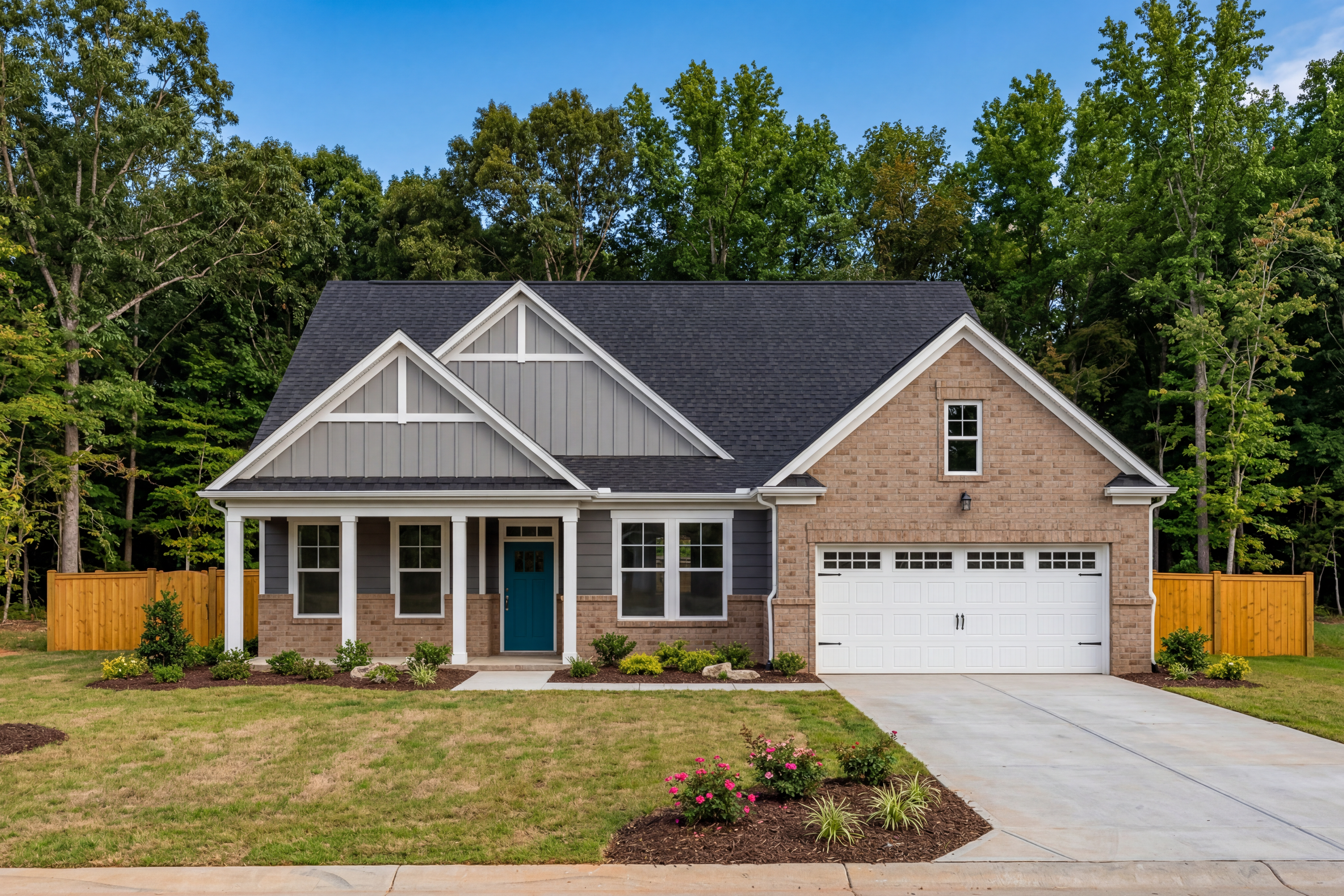 The Magnolia C single-story home exterior in Mooresville NC with brick gray siding covered porch blue door and 2-car garage amid trees