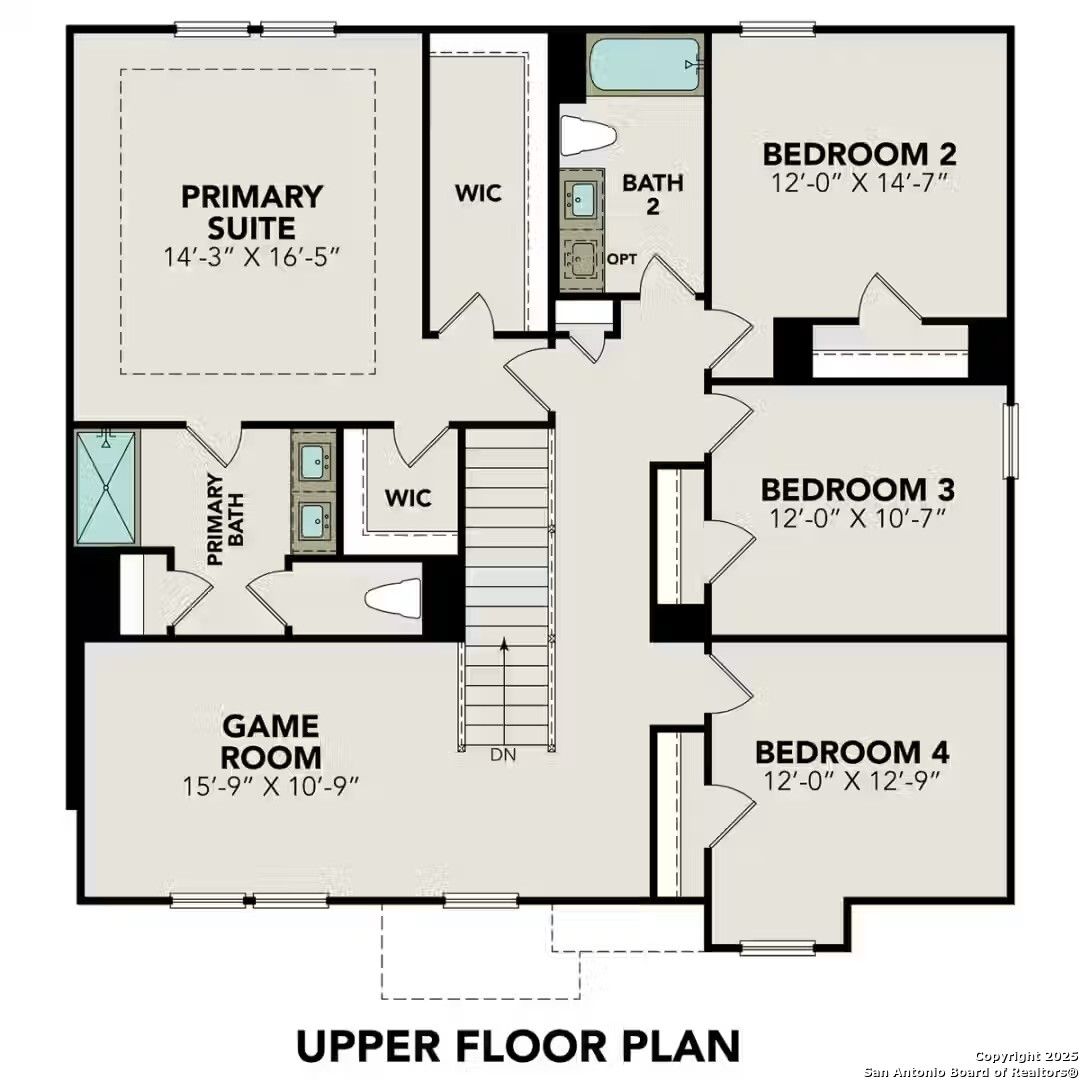 Upper floor plan of The Murray J 4-bedroom home in Bricewood, San Antonio, Texas: primary suite, game room, three bedrooms, baths