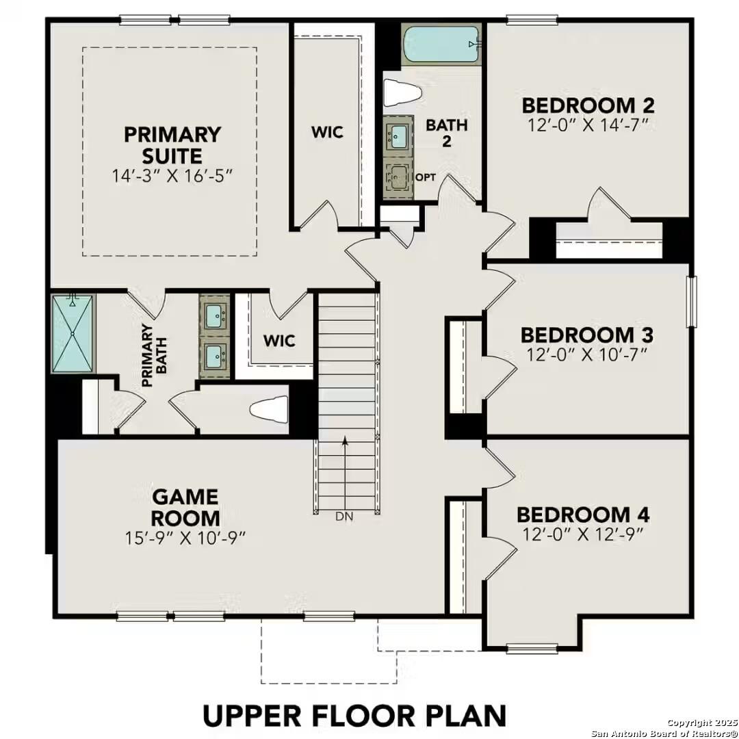 Upper floor plan of The Murray J 4-bedroom home in Bricewood, San Antonio, Texas: primary suite, game room, three bedrooms, baths
