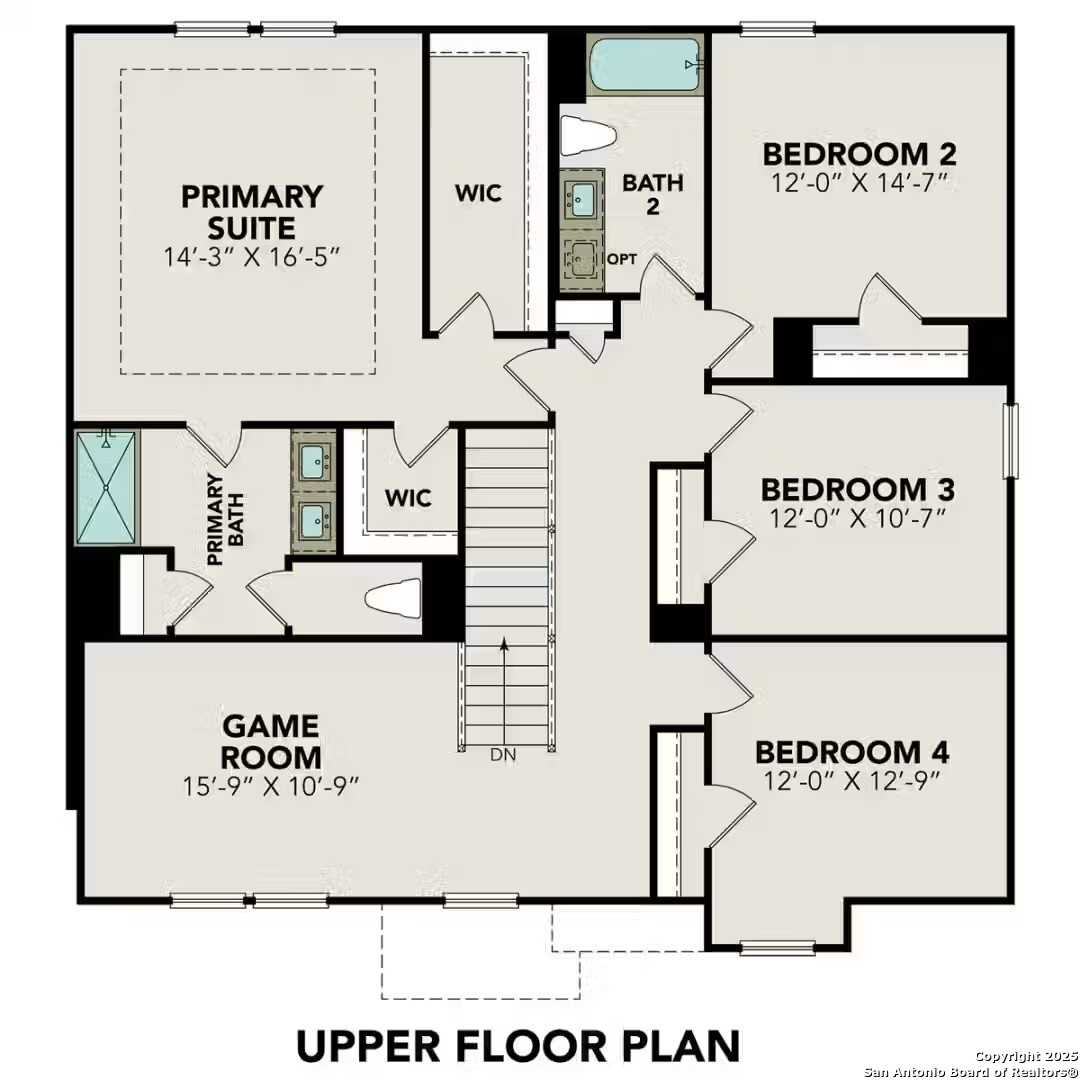 Upper floor plan of The Murray J 4-bedroom home in Bricewood, San Antonio, Texas: primary suite, game room, three bedrooms, baths
