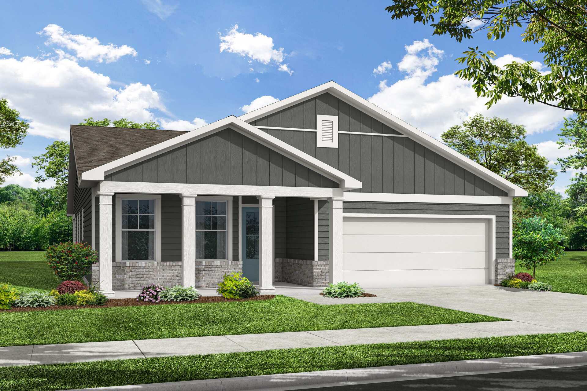 The Edison B 3-bedroom single-story home elevation with gray siding, two-car garage, columned porch, and lush landscaping