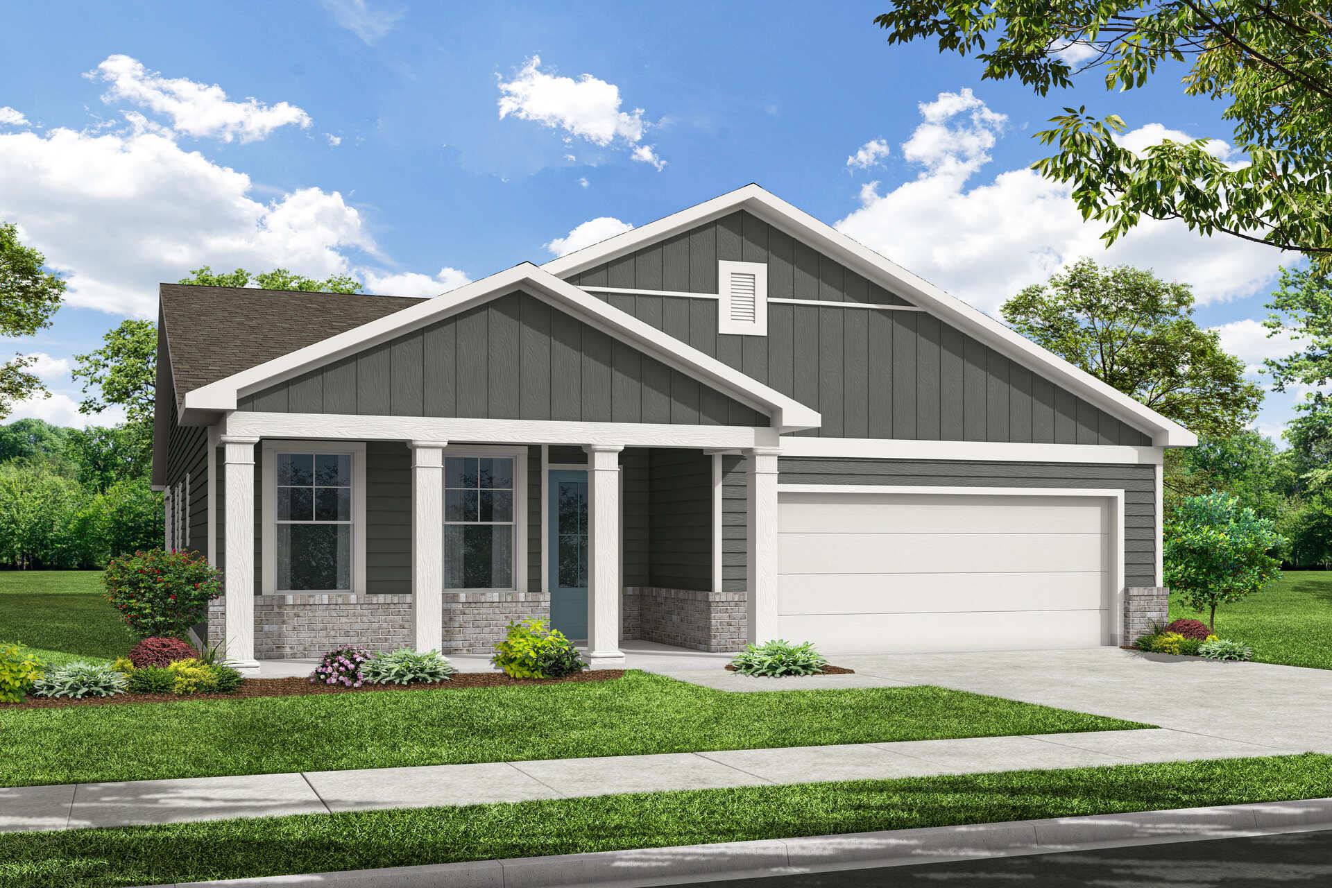 The Edison B 3-bedroom single-story home elevation with gray siding, two-car garage, columned porch, and lush landscaping