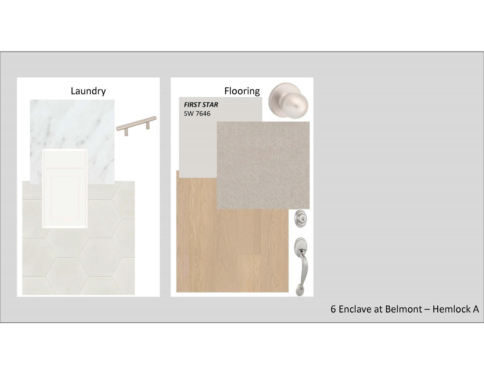 Laundry room hex tile and wood flooring samples with first-floor gray options for Davidson Homes Hemlock A in Enclave at Belmont, NC