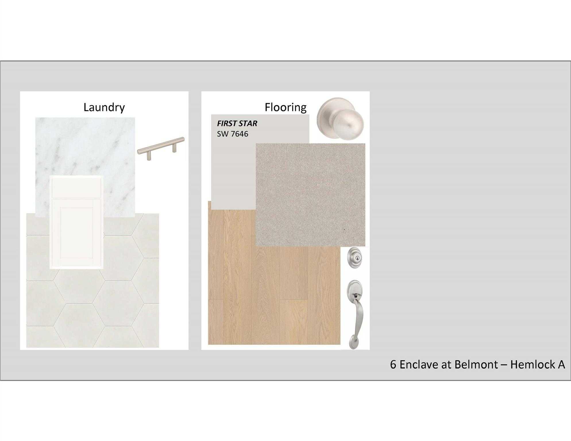 Material board with laundry tiles, SW First Star flooring, oak wood accents, faucet, and hardware for Hemlock A in Enclave at Belmont, NC