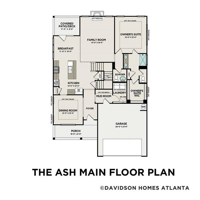 The Ash main floor plan with open kitchen, dining room, family room, owner's suite, and 2-car garage by Davidson Homes Atlanta