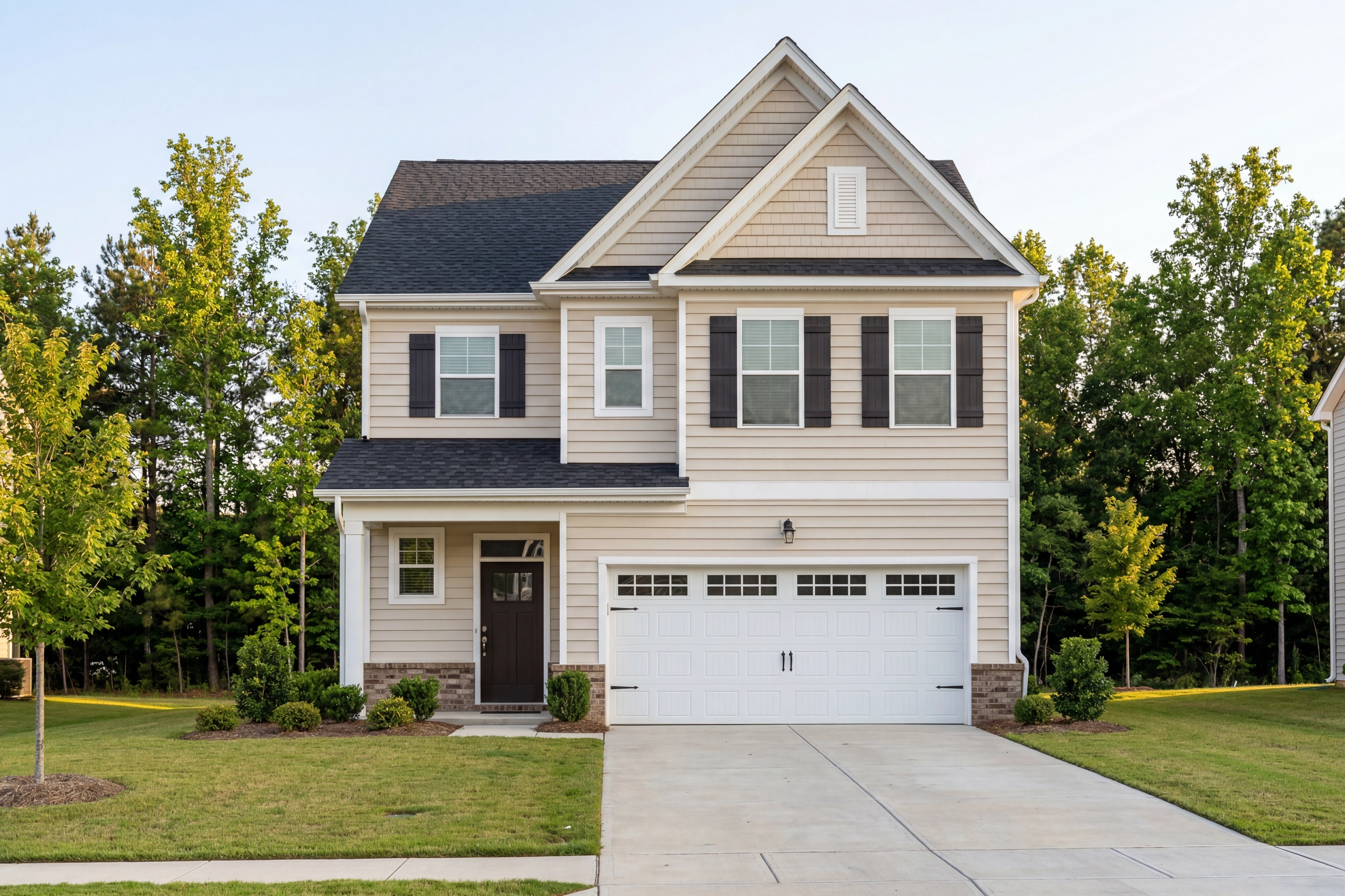 Two-story Adalynn A home elevation with beige siding, black shutters, two-car garage, and front porch amid landscaped yard in Lillington NC