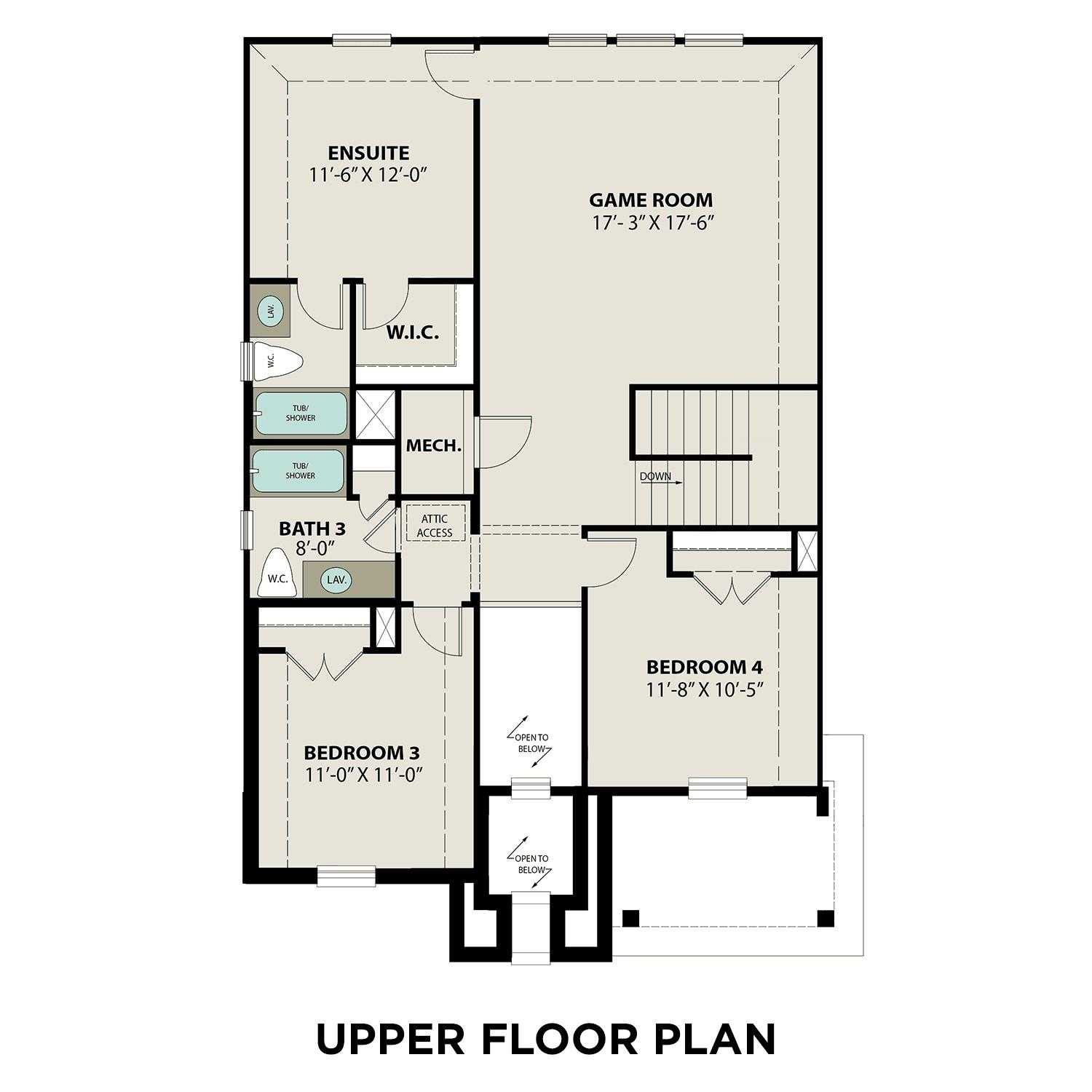 Upper floor plan of The Philip C 4-bedroom home with game room, bedrooms 3-4, baths in Sierra Vista, Rosharon, Texas