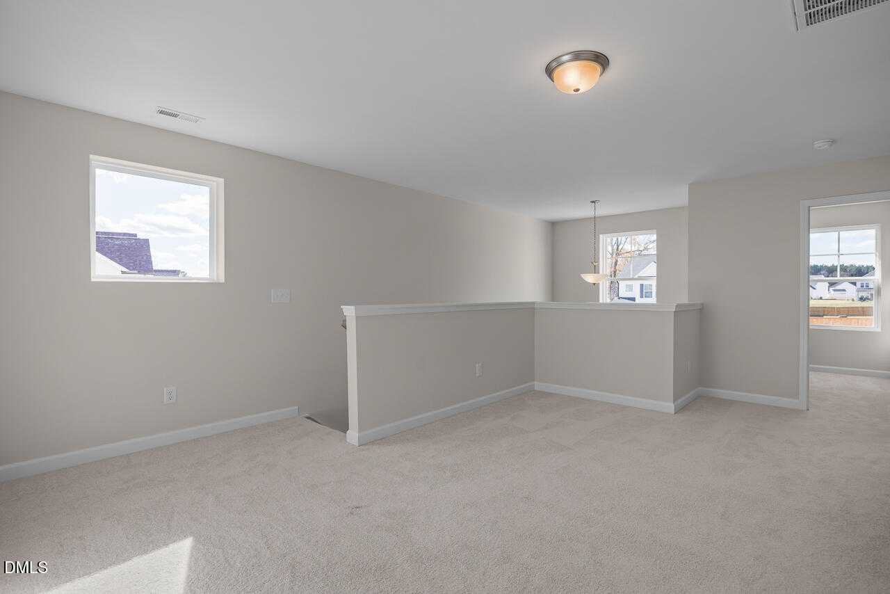 Spacious upstairs loft with beige walls, sunlit windows, wooden railing and carpeted floor in Davidson Homes The Gavin C, Lillington NC