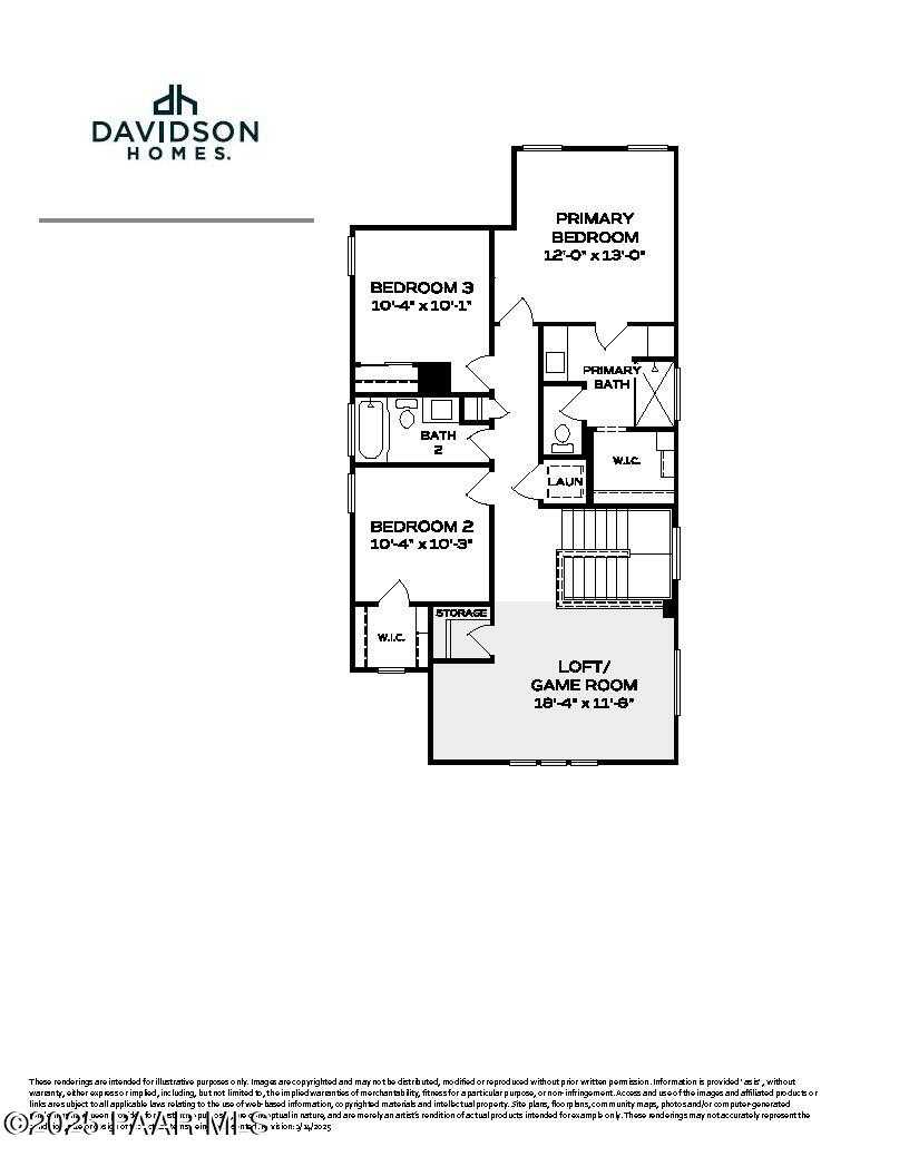 Second floor plan of The Raleigh C: primary bedroom suite, loft, game room, bedrooms in Davidson Homes, Prescott AZ