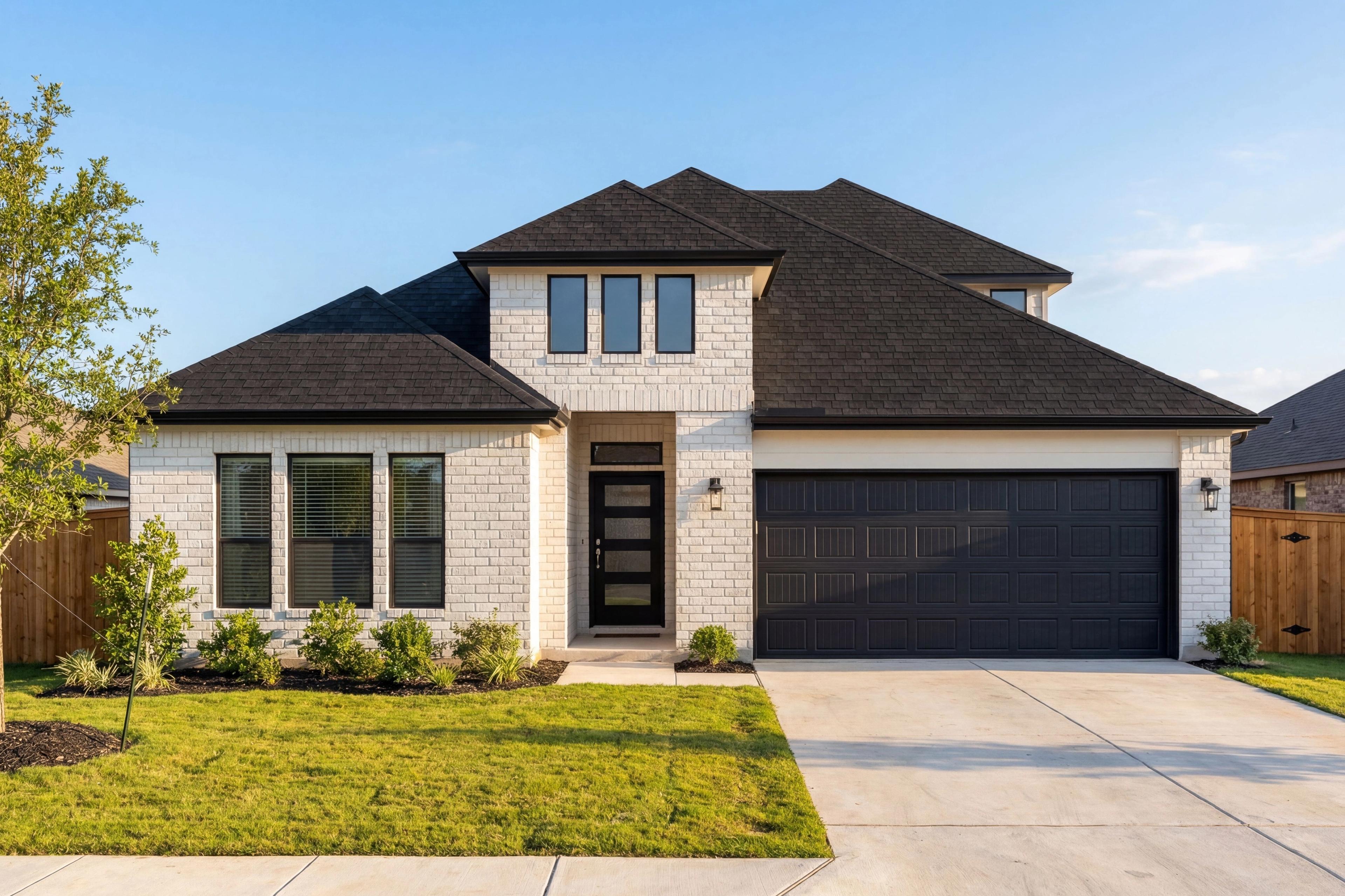 Modern white brick home exterior at Hannah Heights in Seguin Texas by Davidson Homes with black roof and garage