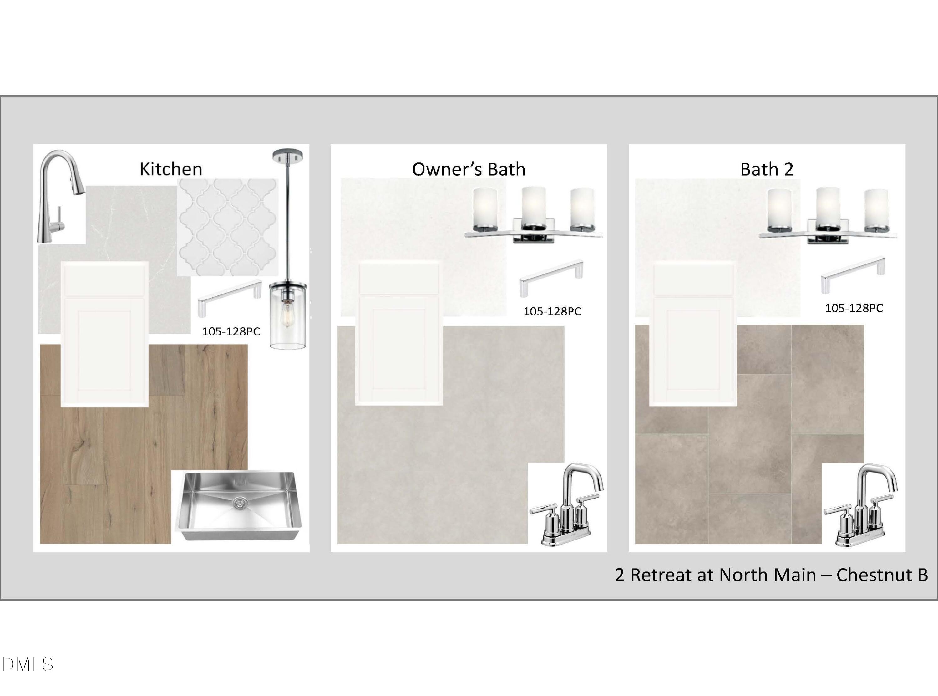 Kitchen, owner's bath, and bath 2 fixtures with faucets, lights, and tiles for Davidson Homes Chestnut B in Retreat at North Main, Lillington, NC