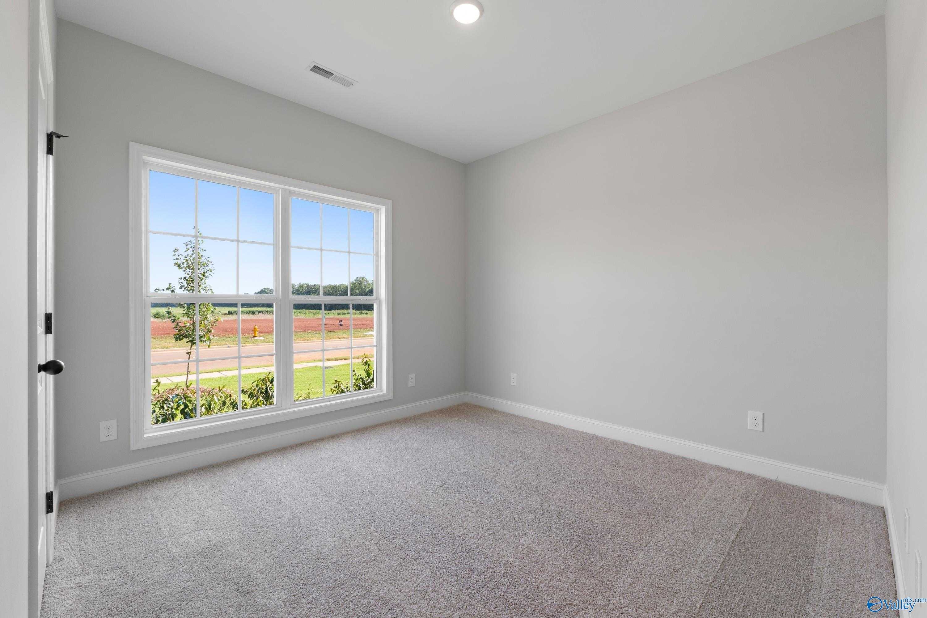 Bright bedroom with gray walls, carpet floor, and large window overlooking trees and fields in Davidson Homes The Franklin C, Hazel Green, Alabama