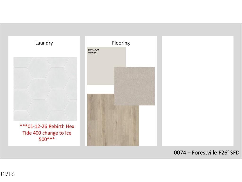 Hex tile and hardwood flooring samples for laundry in The Burke 3-bedroom home, Forestville Yard, Knightdale, NC