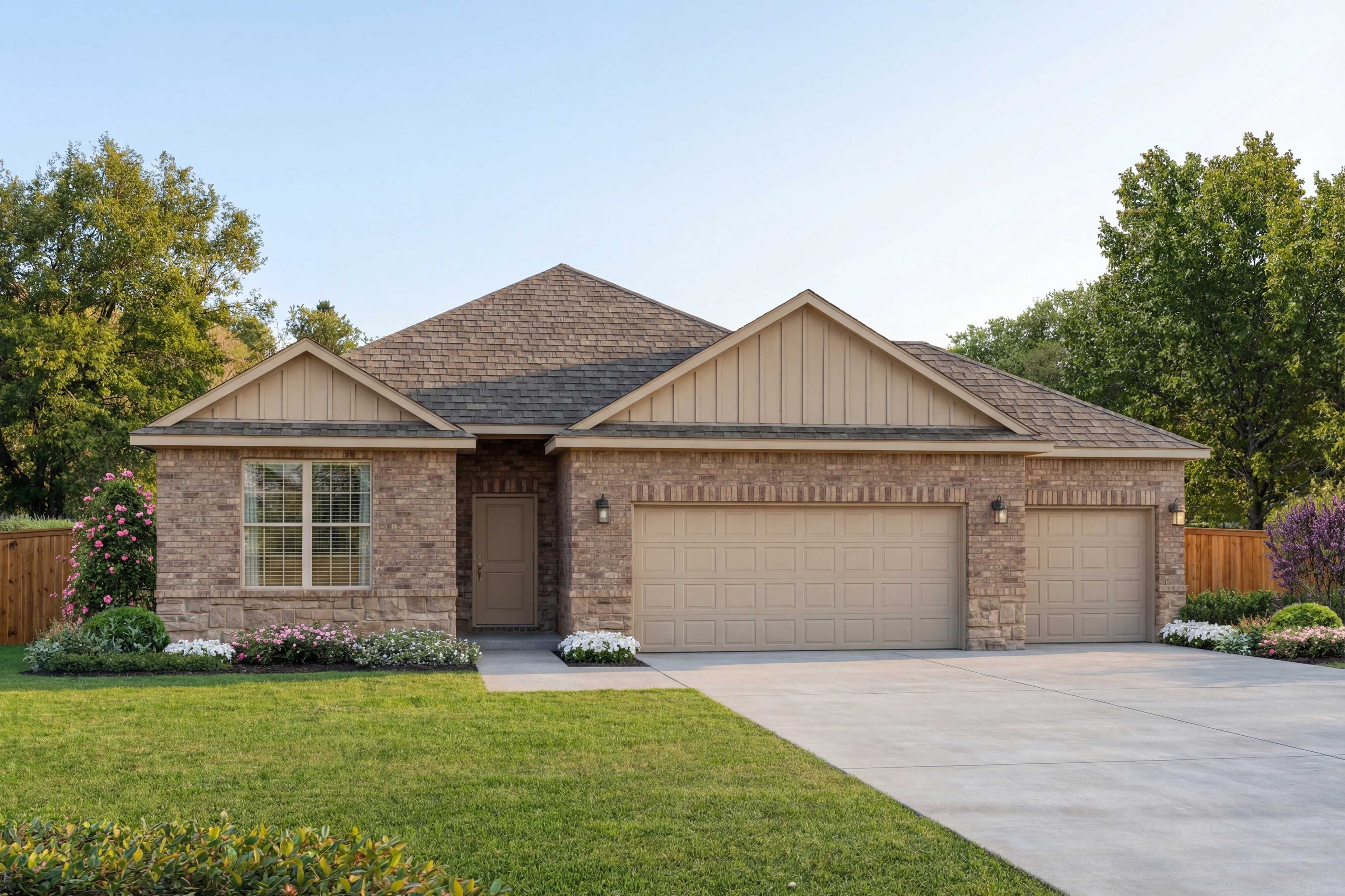 Everett C single-story home exterior with beige brick siding, gabled shingle roof, three-car garage, and landscaped front yard