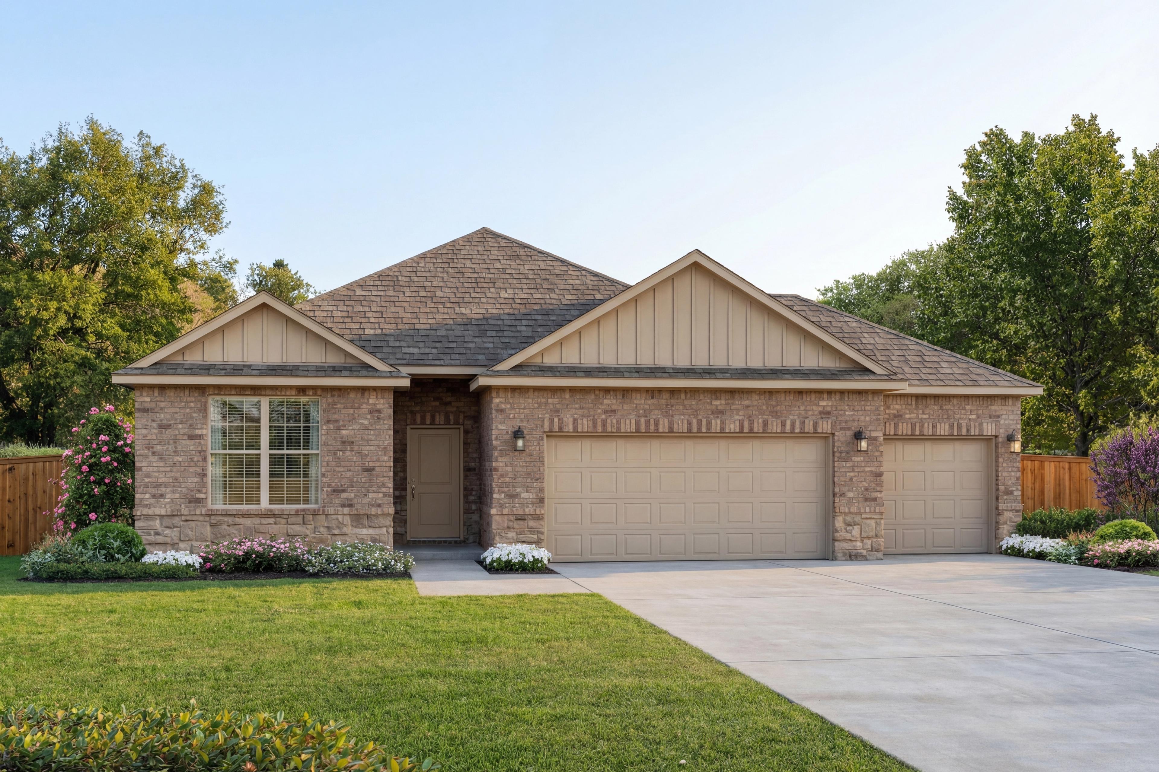 Everett C single-story home exterior with beige brick siding, gabled shingle roof, three-car garage, and landscaped front yard