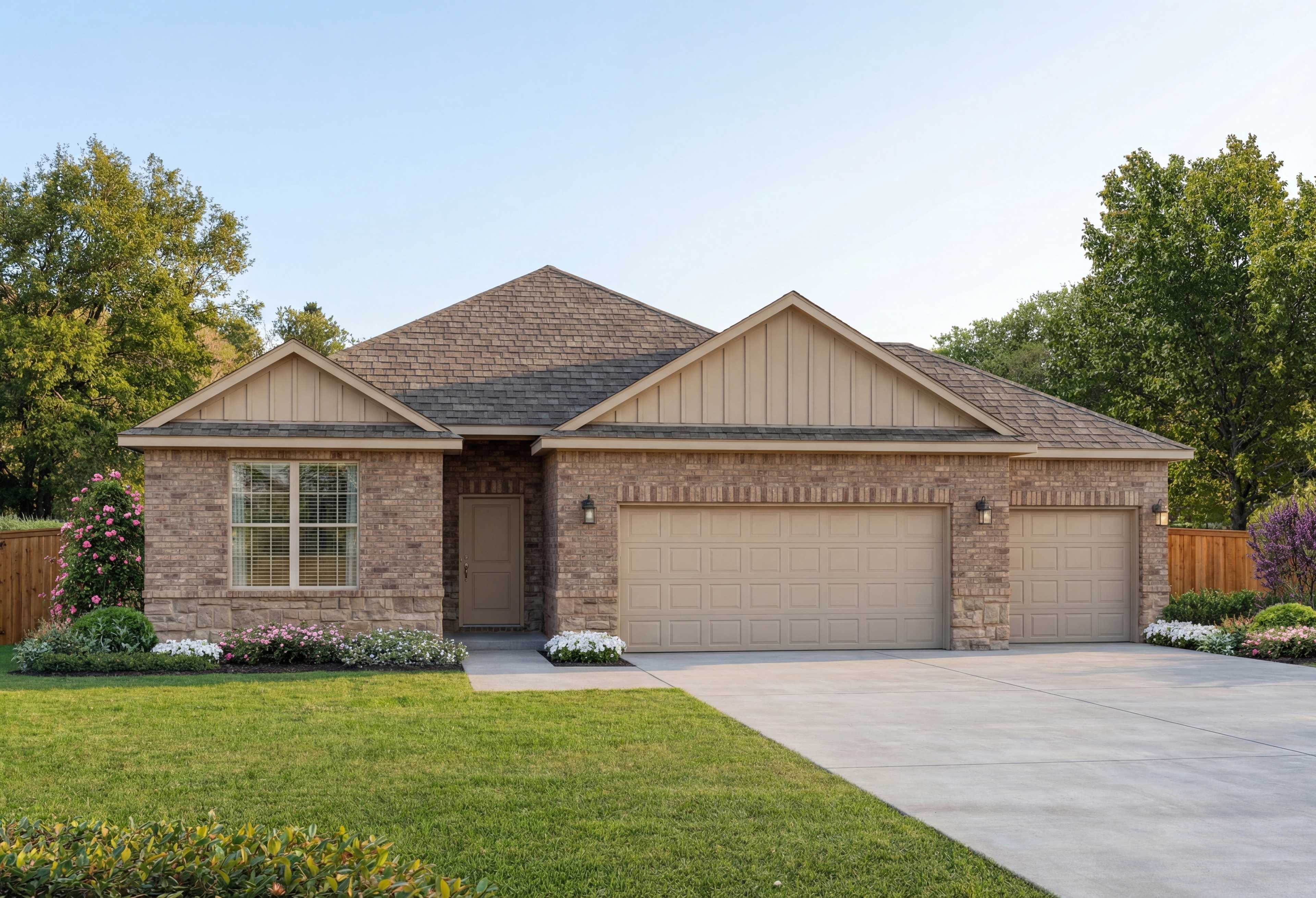 Everett C single-story home exterior with beige brick siding, gabled shingle roof, three-car garage, and landscaped front yard