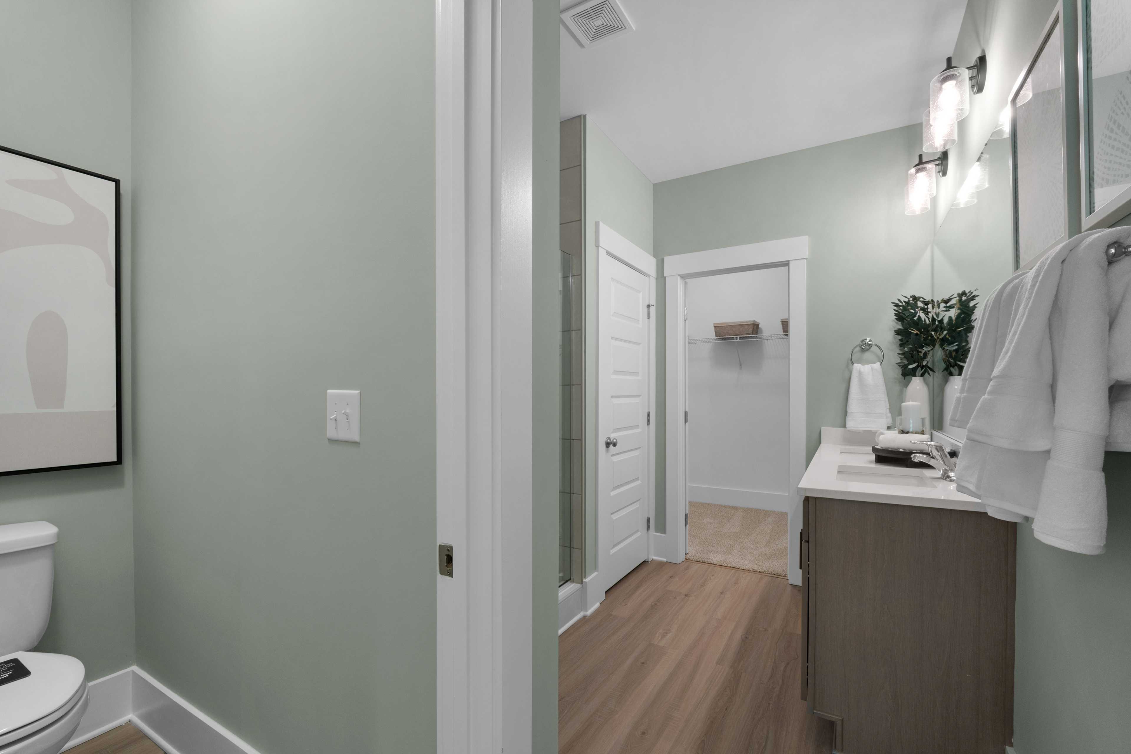 Spacious modern bathroom at Hollon Meadow in Decatur Alabama featuring sage green walls, hardwood floors, vanity, and abstract wall art