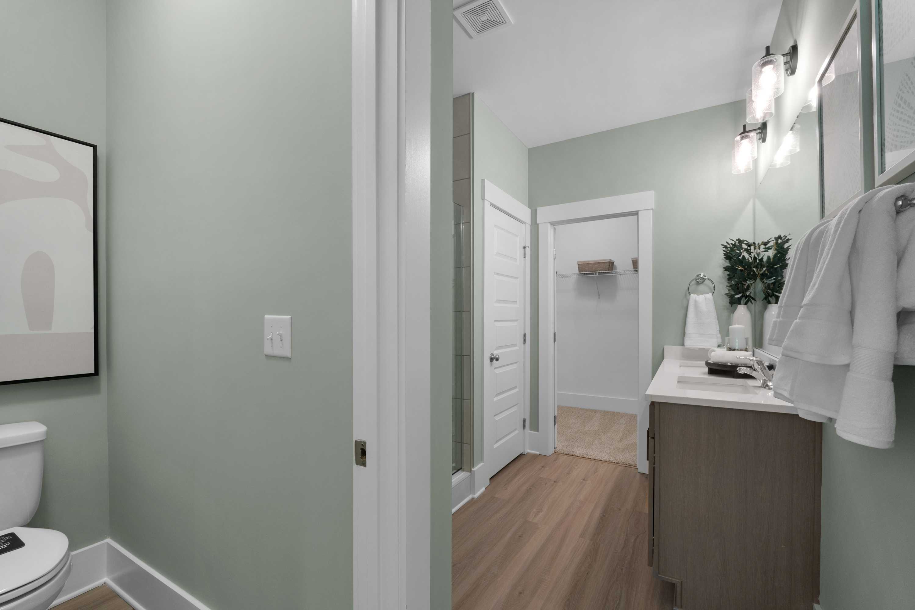 Spacious modern bathroom at Hollon Meadow in Decatur Alabama featuring sage green walls, hardwood floors, vanity, and abstract wall art