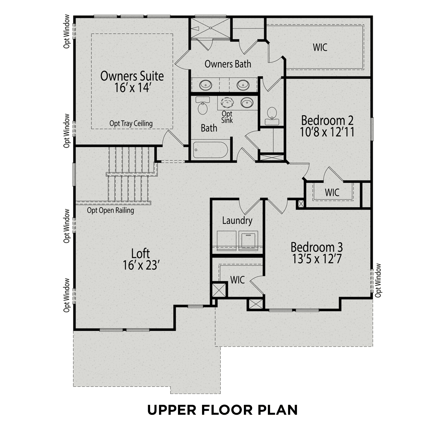 Upper floor plan of The Chestnut D showcasing owner's suite, loft, bedrooms, baths, and laundry in Belmont NC design