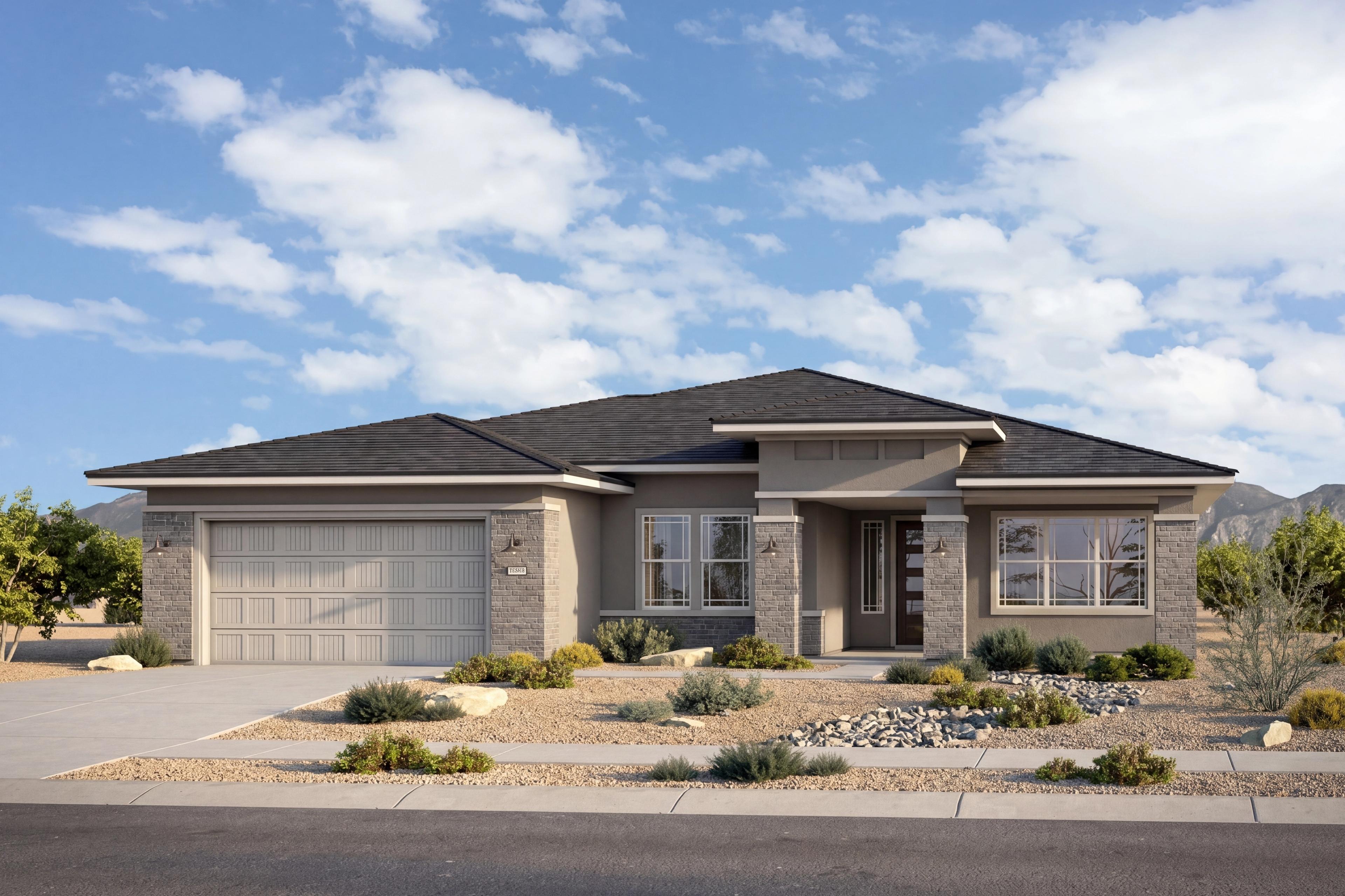 Exterior elevation of The Soleil C by Davidson Homes, a 1-story single-family home in Prescott with a multi-car garage.
