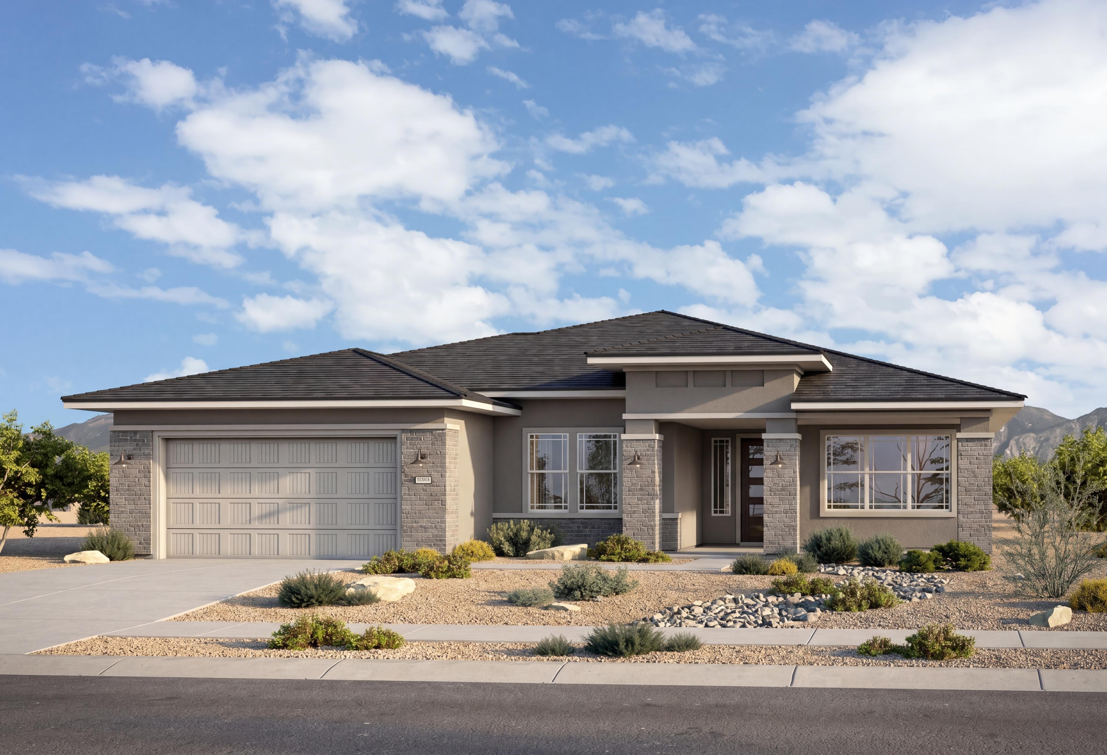 Exterior elevation of The Soleil C by Davidson Homes, a 1-story single-family home in Prescott with a multi-car garage.