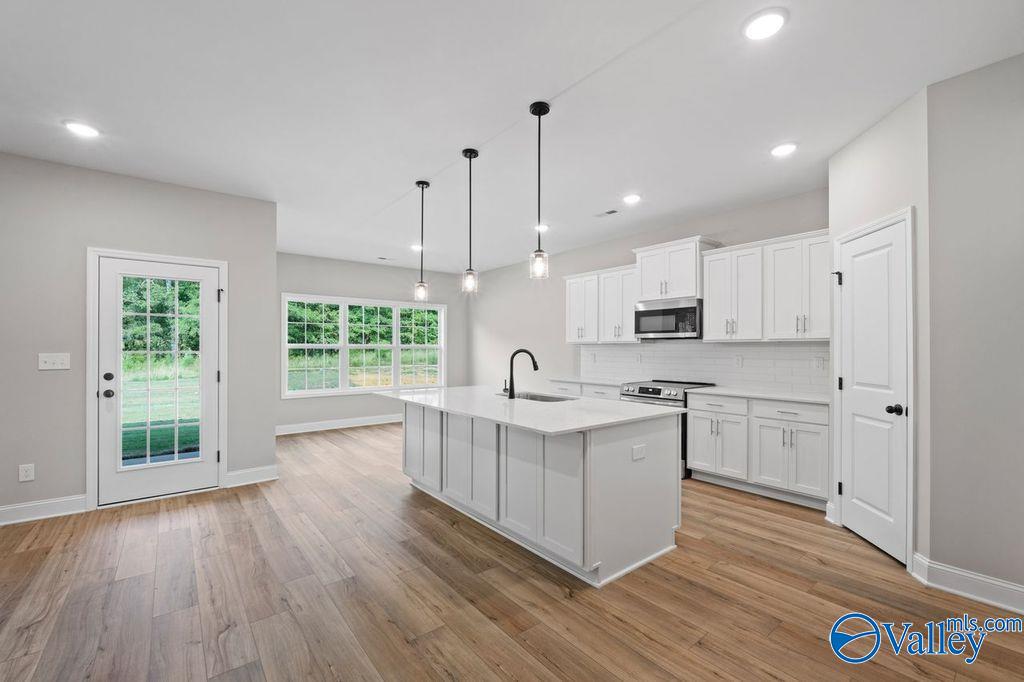 Modern open kitchen with white island, stainless appliances, hardwood floors, and large windows in The Montgomery B, Hartselle, Alabama