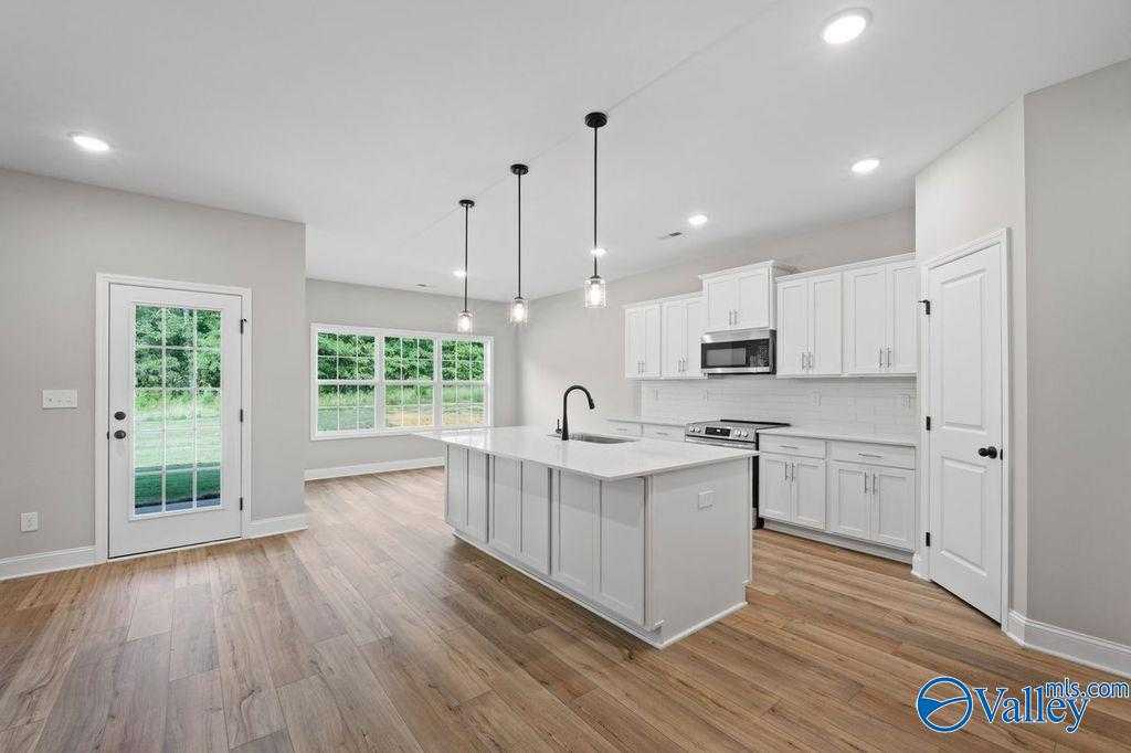 Modern open kitchen with white island, stainless appliances, hardwood floors, and large windows in The Montgomery B, Hartselle, Alabama