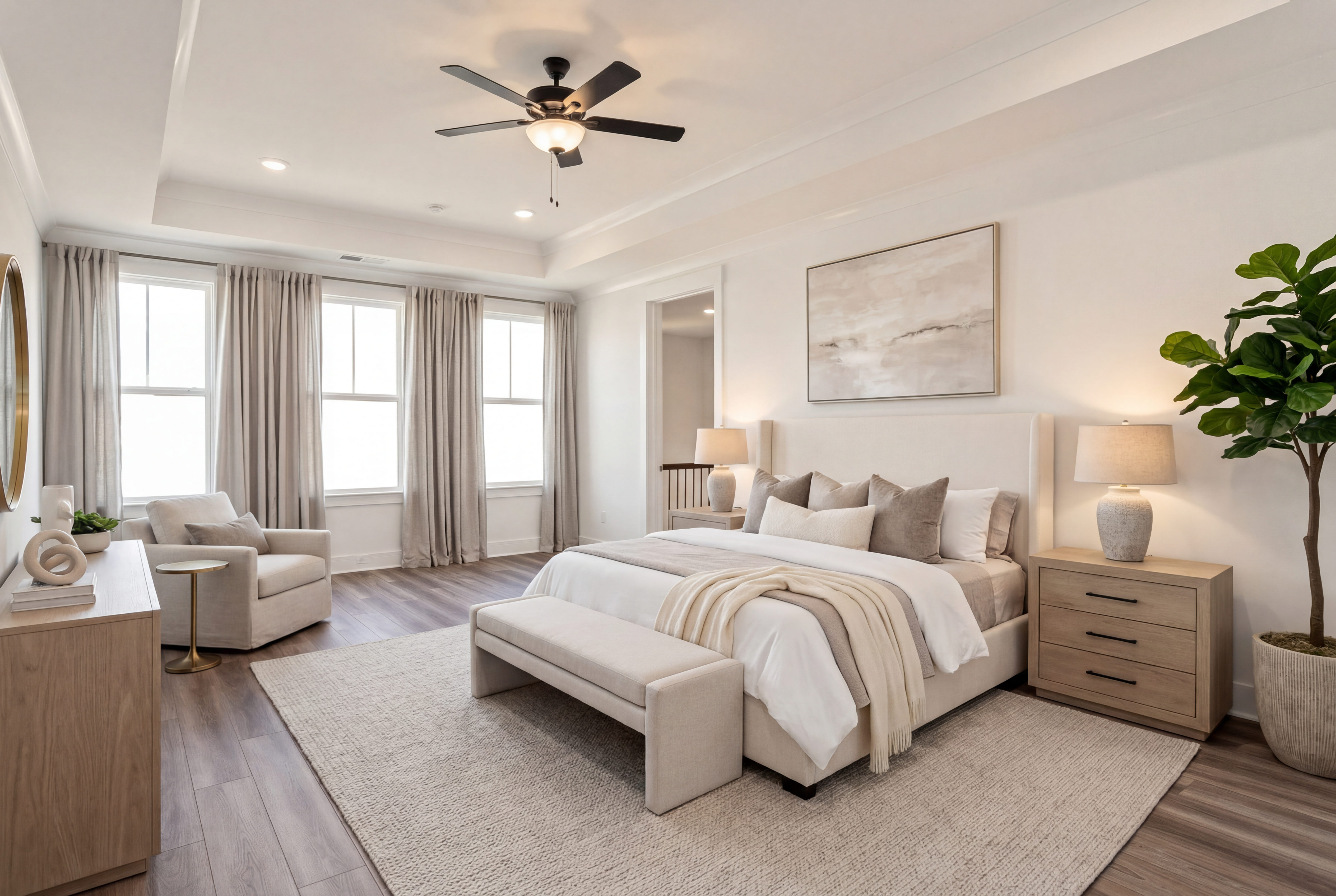 Spacious primary bedroom in Shelton Square Murfreesboro TN with king bed, hardwood floors, neutral decor and large windows