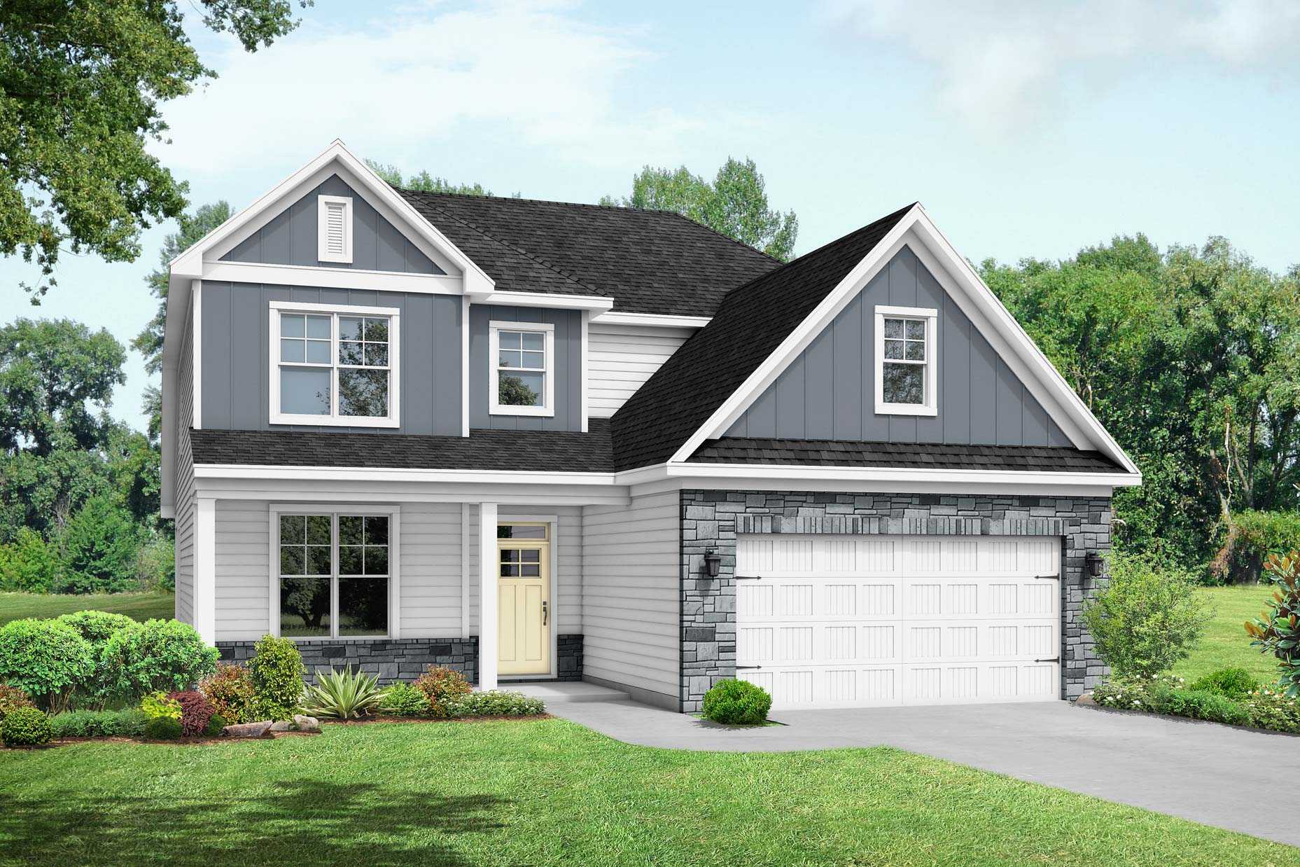 Two-story The Ash C home exterior with blue siding, black gabled roof, stone accents, two-car garage, and landscaped yard in Lillington NC