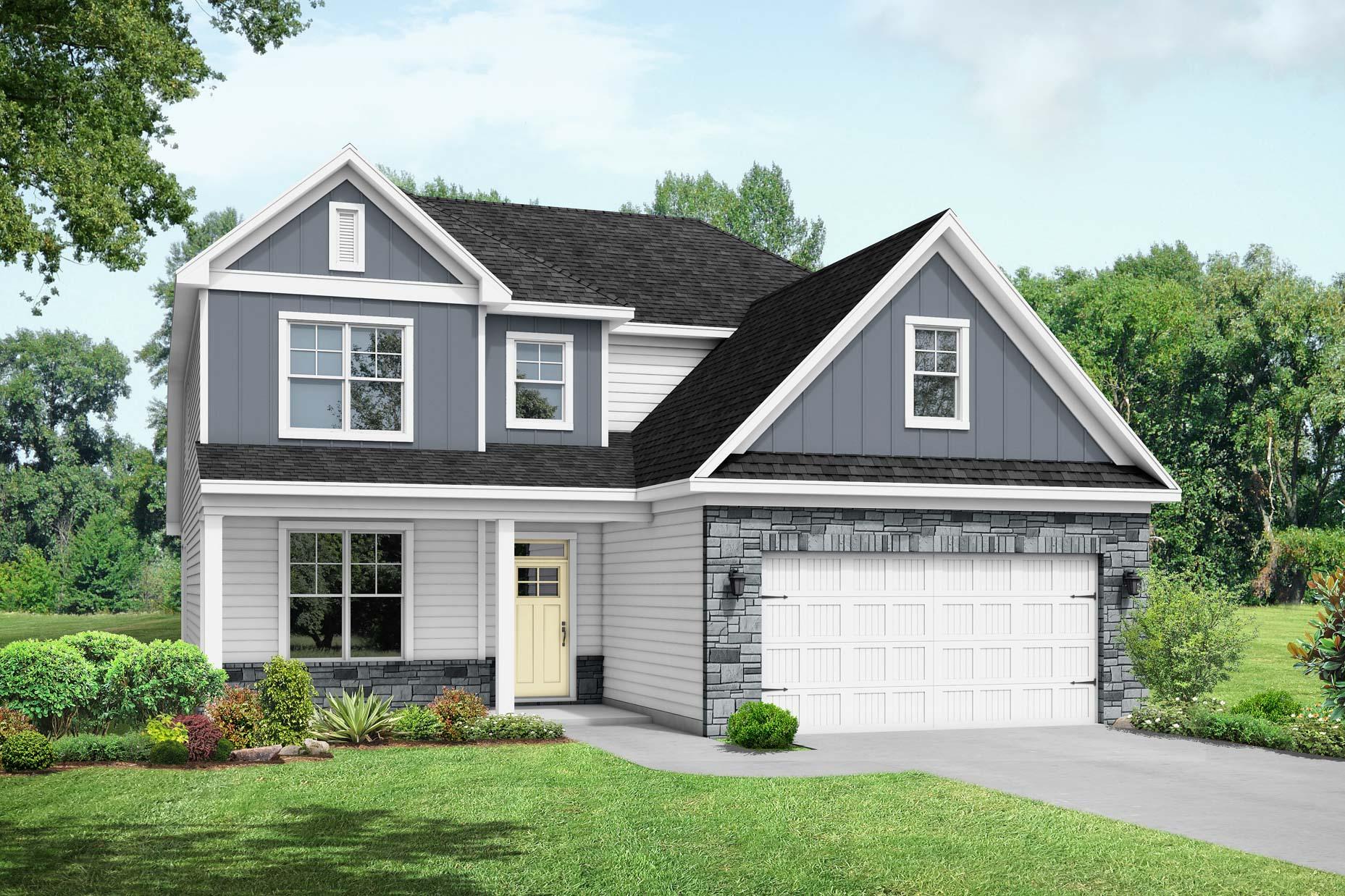 Two-story The Ash C home exterior with blue siding, black gabled roof, stone accents, two-car garage, and landscaped yard in Lillington NC