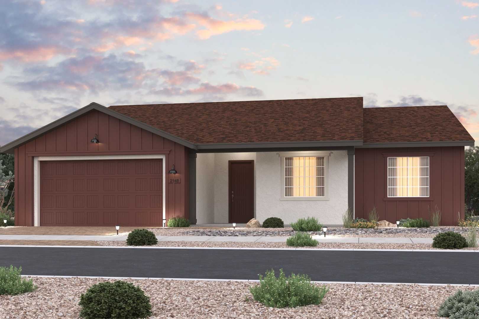 Modern ranch-style exterior of The Summit E single-story home by Evermore Homes, featuring 3-car garage and desert landscaping in Prescott Valley, AZ