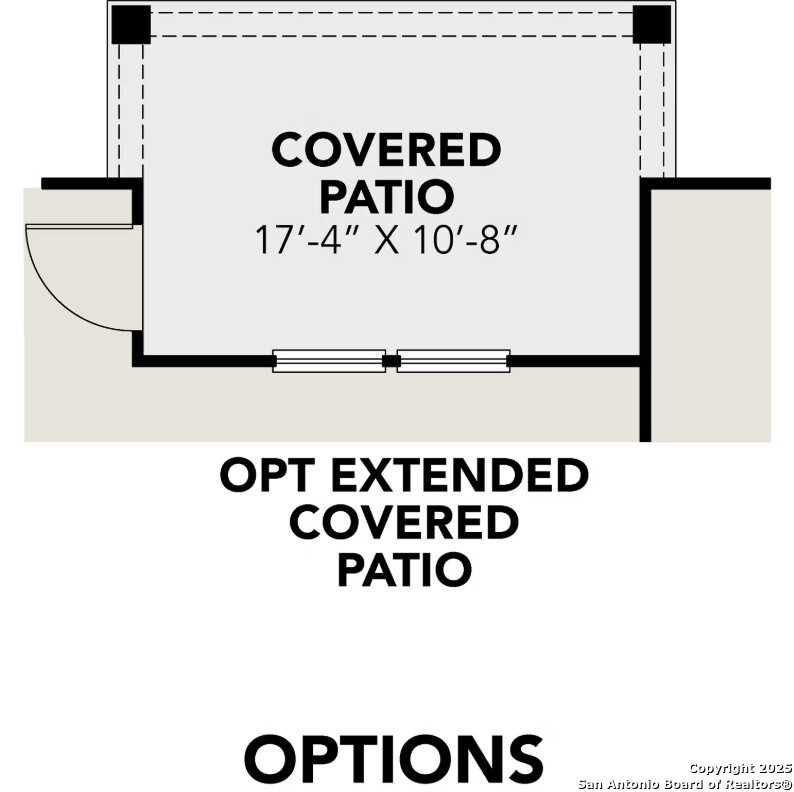 Covered patio floor plan option 17'-4" x 10'-8" with extended 17'-4" x 17' in Davidson Homes The Asheville K, Bricewood San Antonio Texas