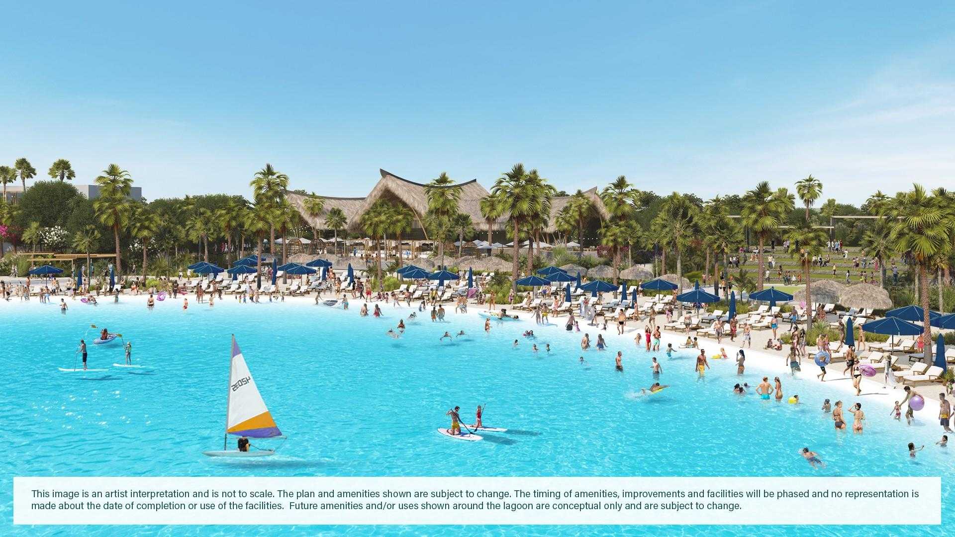 Vibrant lagoon pool with beach entry, palm trees, umbrellas, and swimmers in River Ranch Meadows, Dayton, Texas