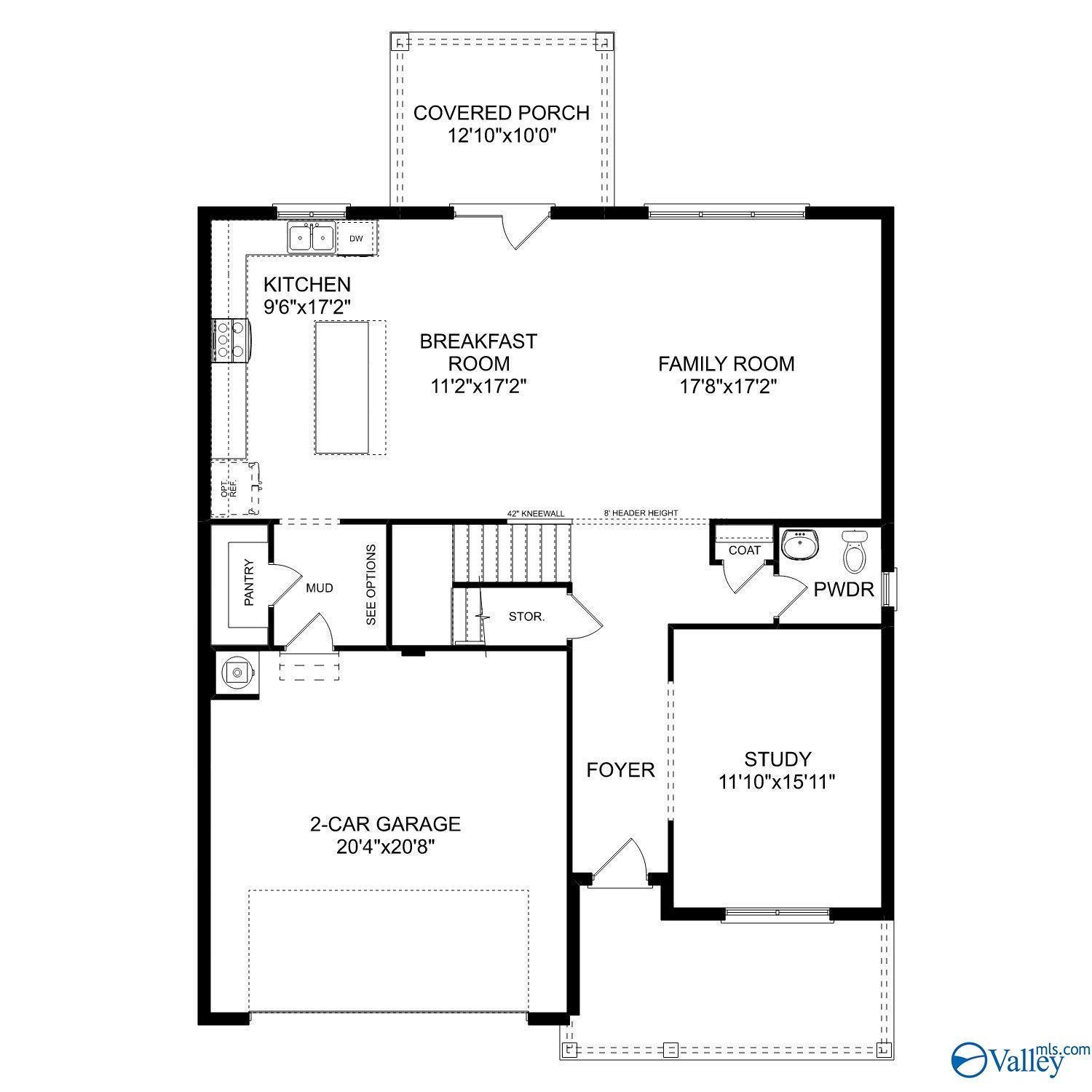 First floor plan of The Chelsea D: 2-car garage, open kitchen, family room, study, covered porch in 4-bedroom Davidson Homes, Berry Cove, New Market, AL