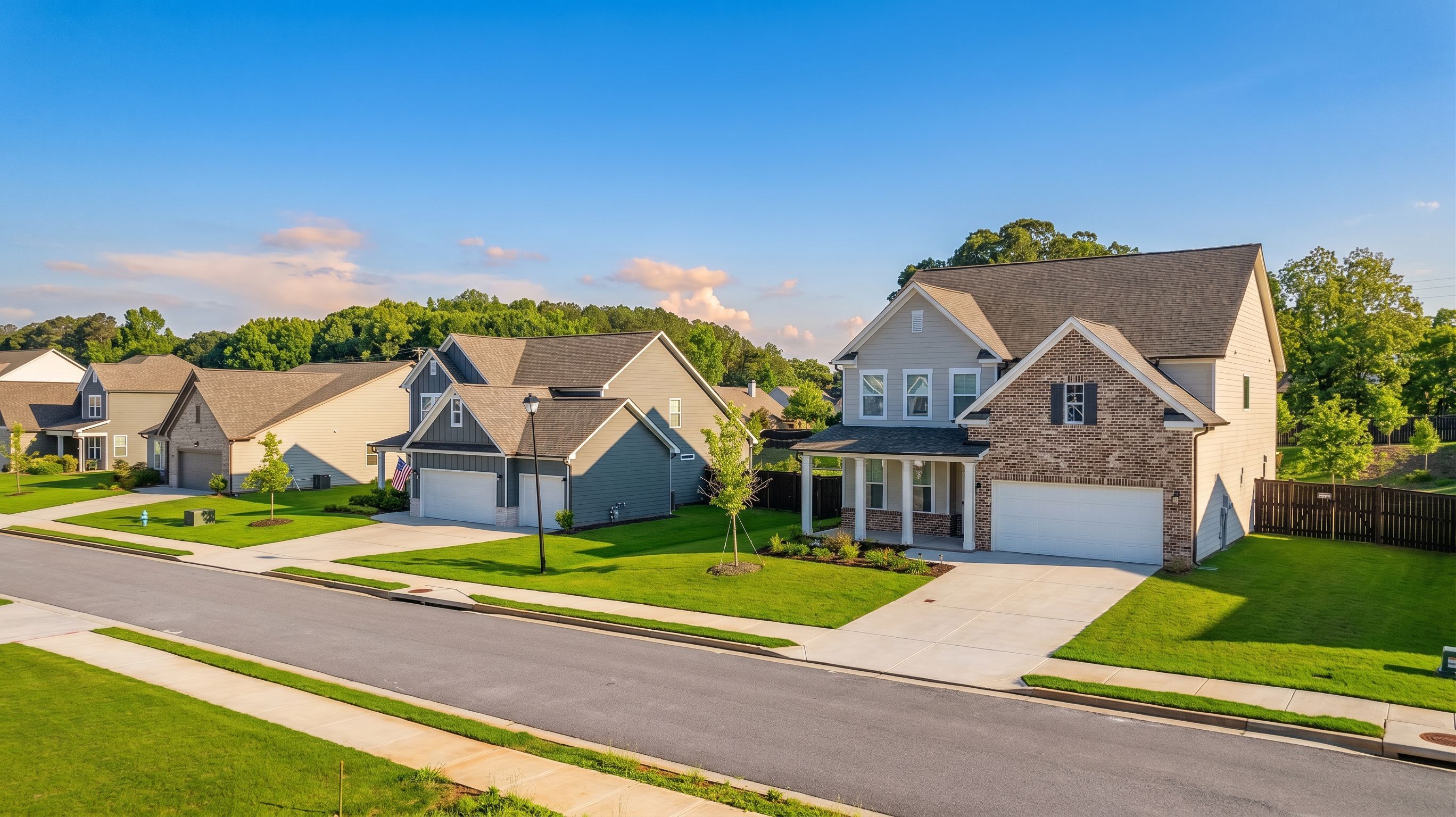 Single-family homes by Davidson Homes at Wehunt Meadows in Hoschton, Georgia, featuring brick and siding exteriors.