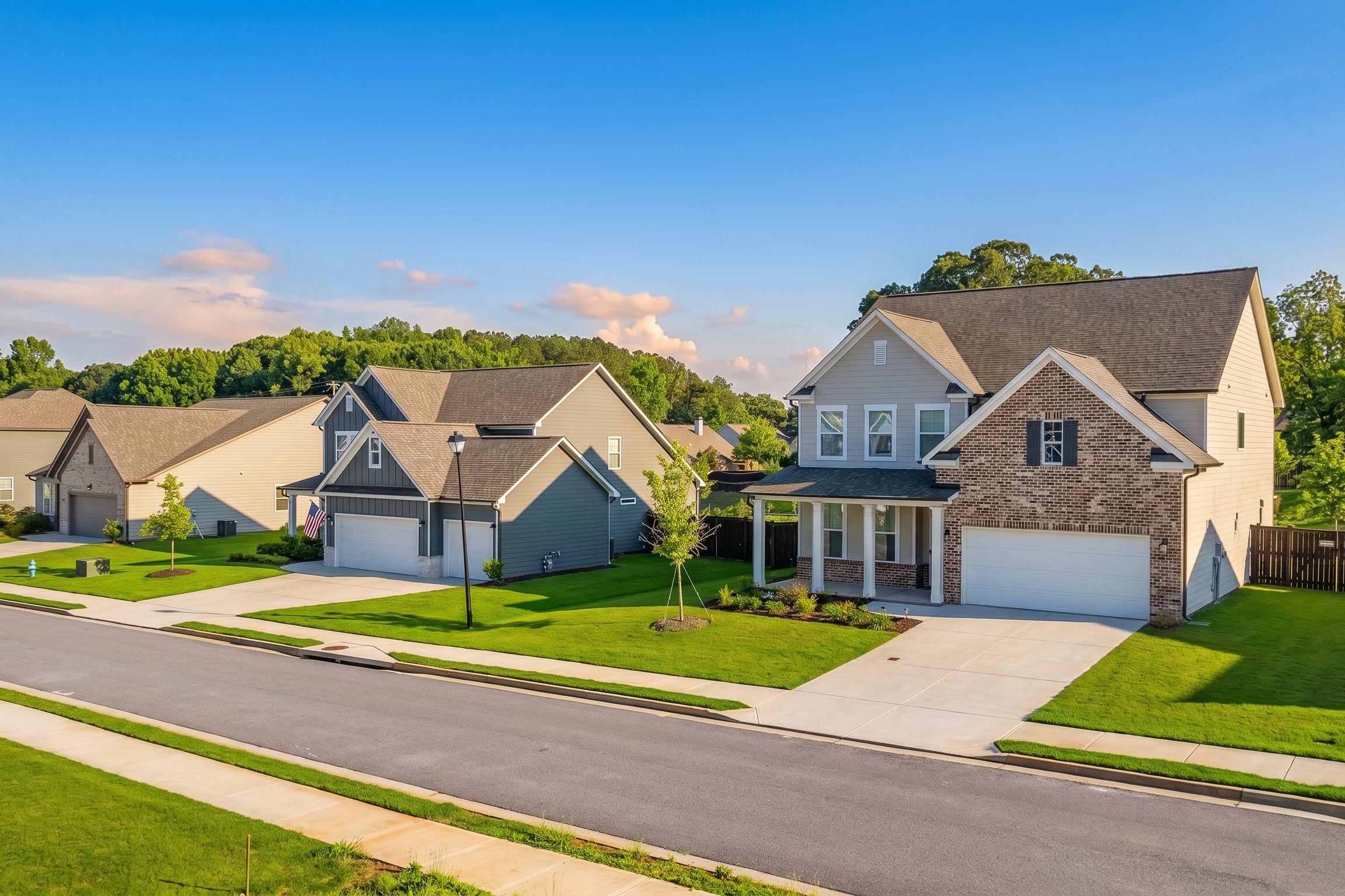 Single-family homes by Davidson Homes at Wehunt Meadows in Hoschton, Georgia, featuring brick and siding exteriors.