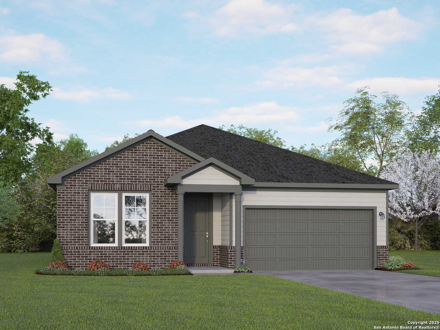 Modern brick single-story home with 2-car garage, front porch, and lush landscaping in Hannah Heights, Seguin, Texas - Davidson Homes The Daphne H