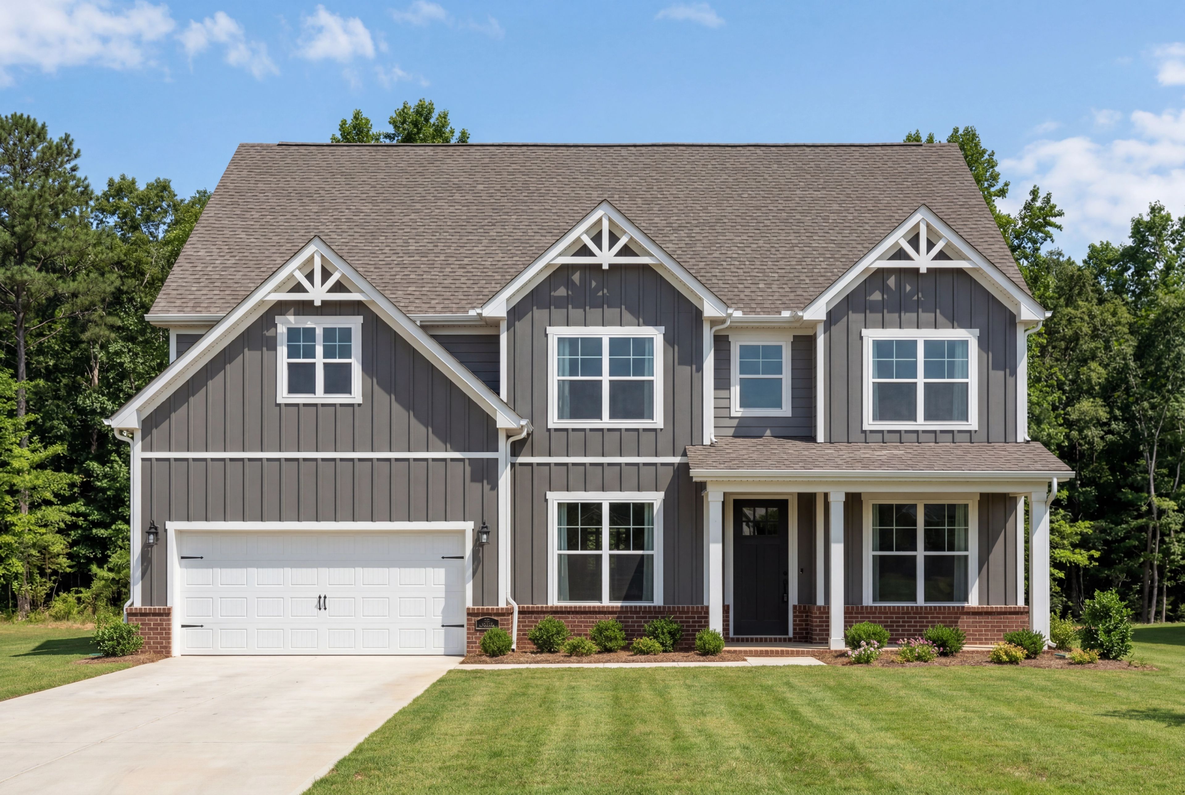 Exterior of The Madison E, a two-story single-family home by Davidson Homes featuring dark siding and a two-car garage.