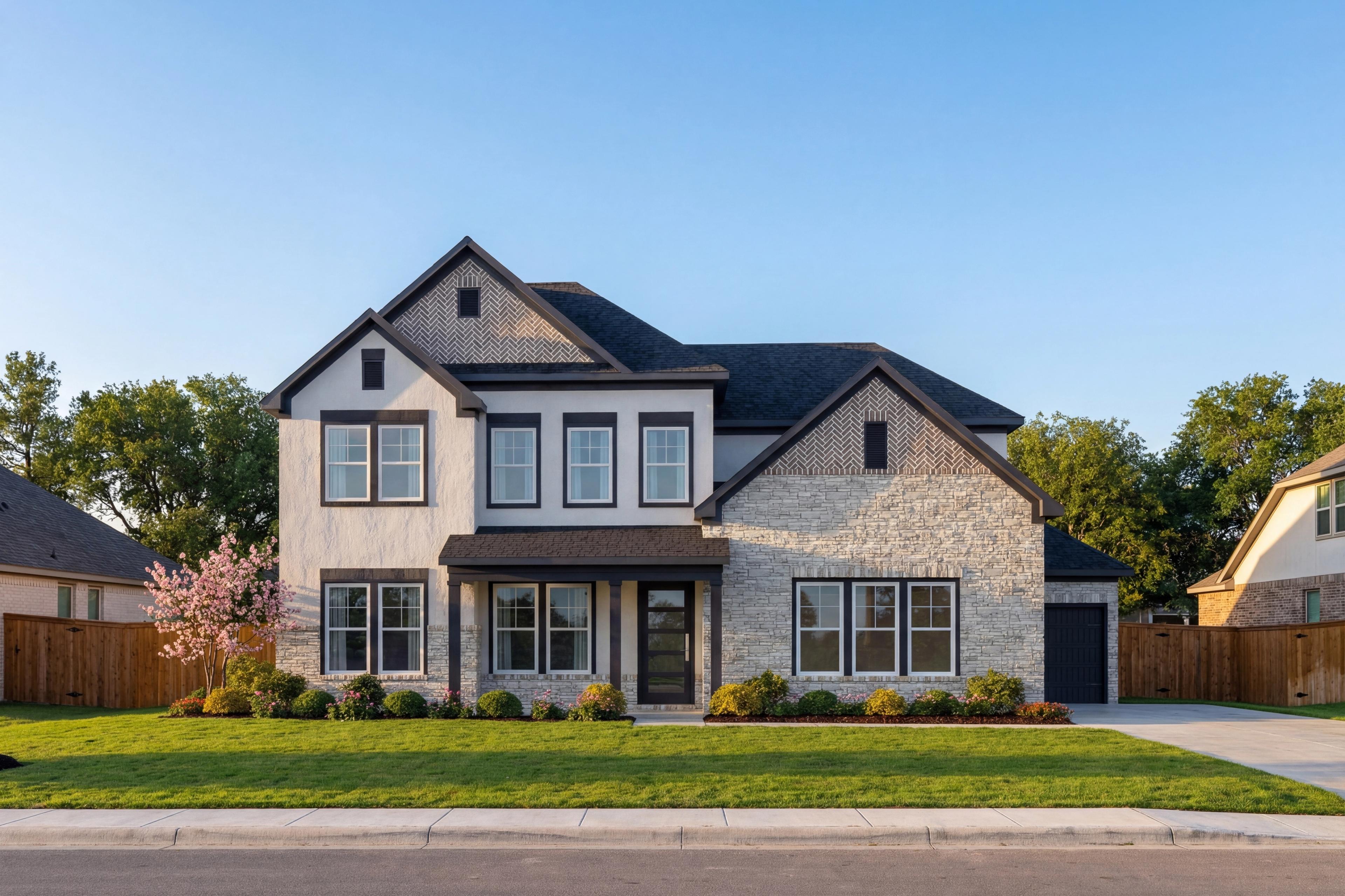 Stylish two-story Belmont H home exterior with 3-car garage, white siding, stone accents, black trim, and landscaped yard in Castroville