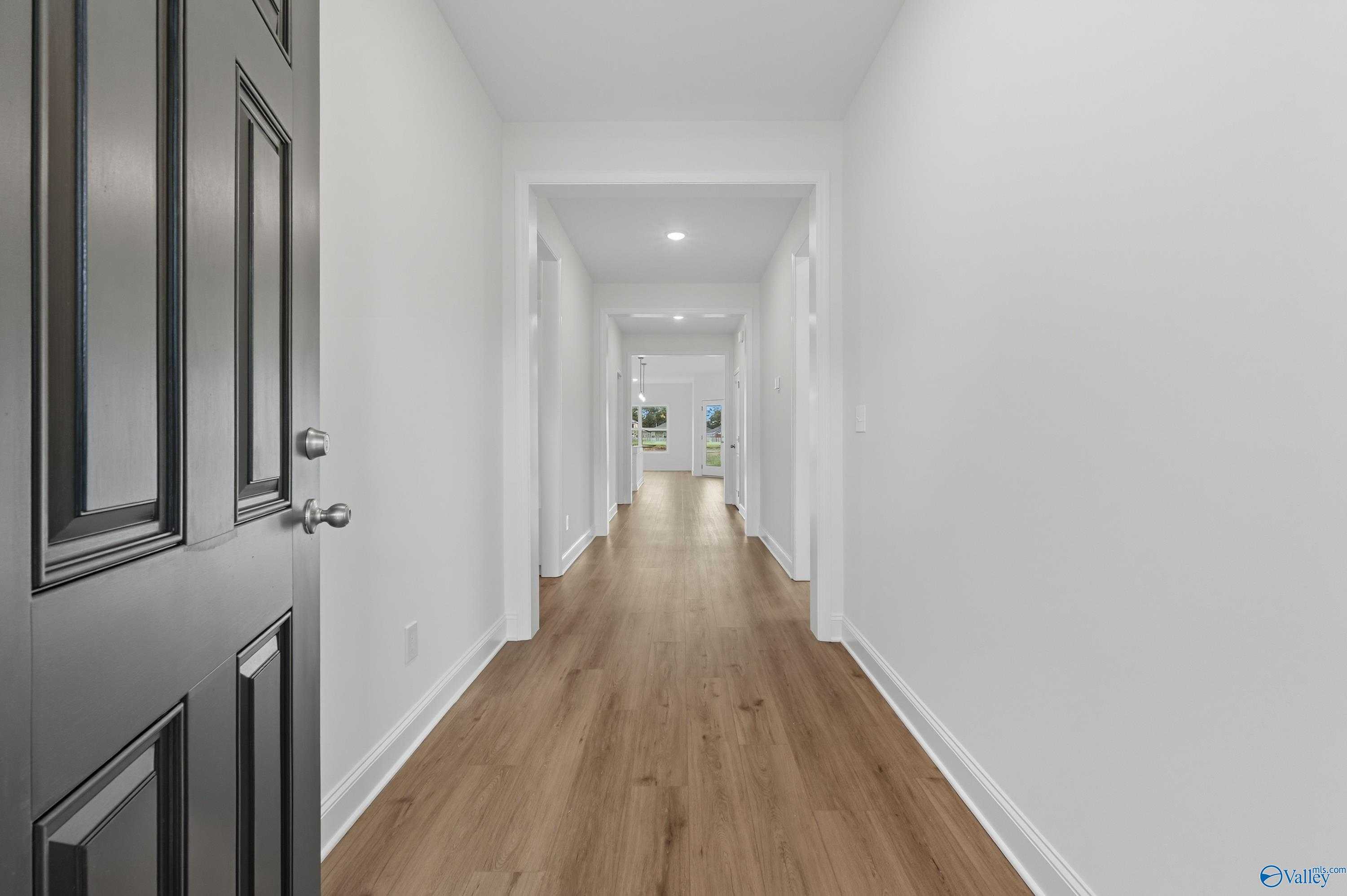 Bright entry hallway with hardwood floors, white walls, and side doors in Davidson Homes The Everett, Meridianville, Alabama