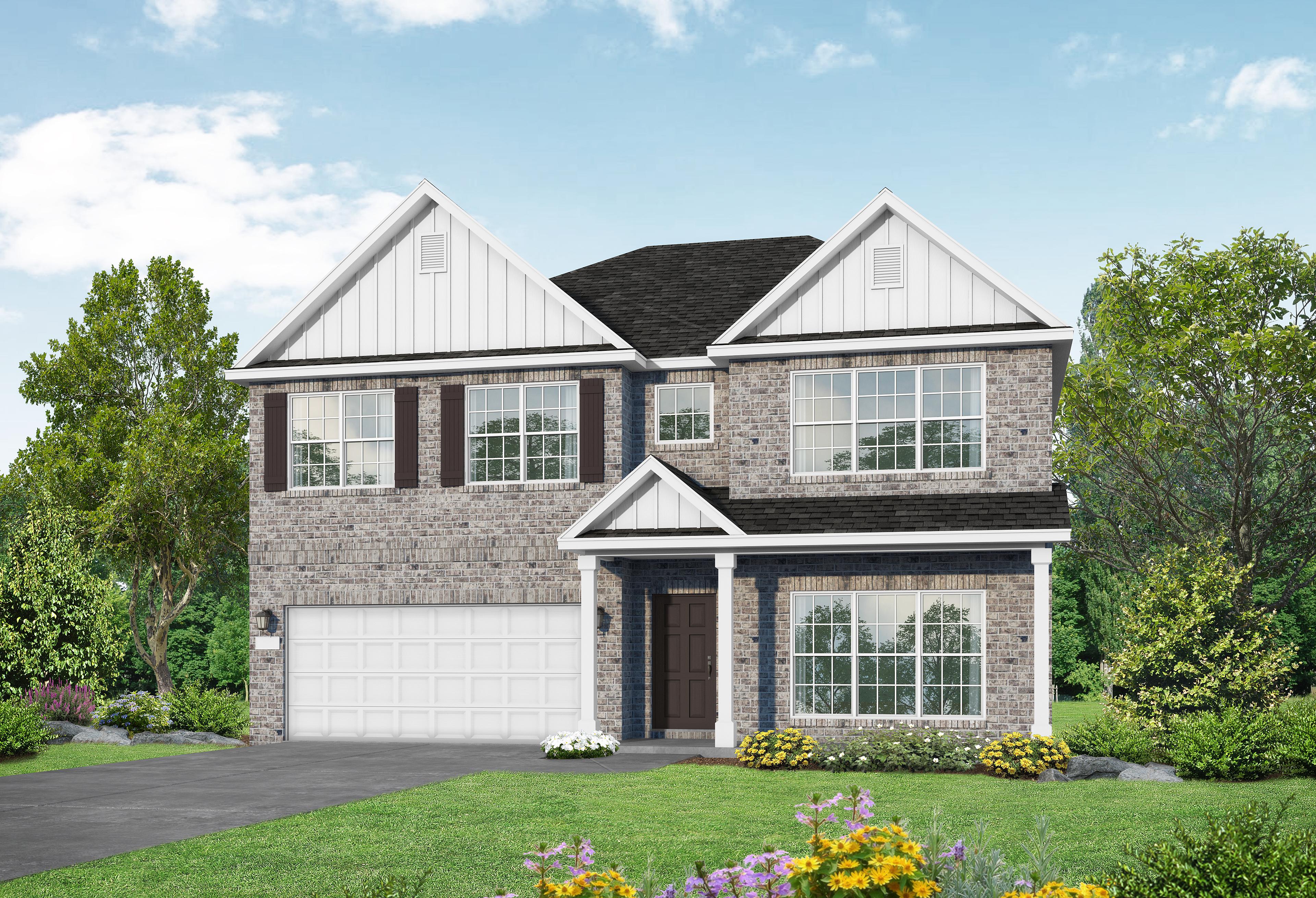 Two-story brick exterior of The Richmond D featuring a two-car garage and classic gable roofline in New Market, Alabama.