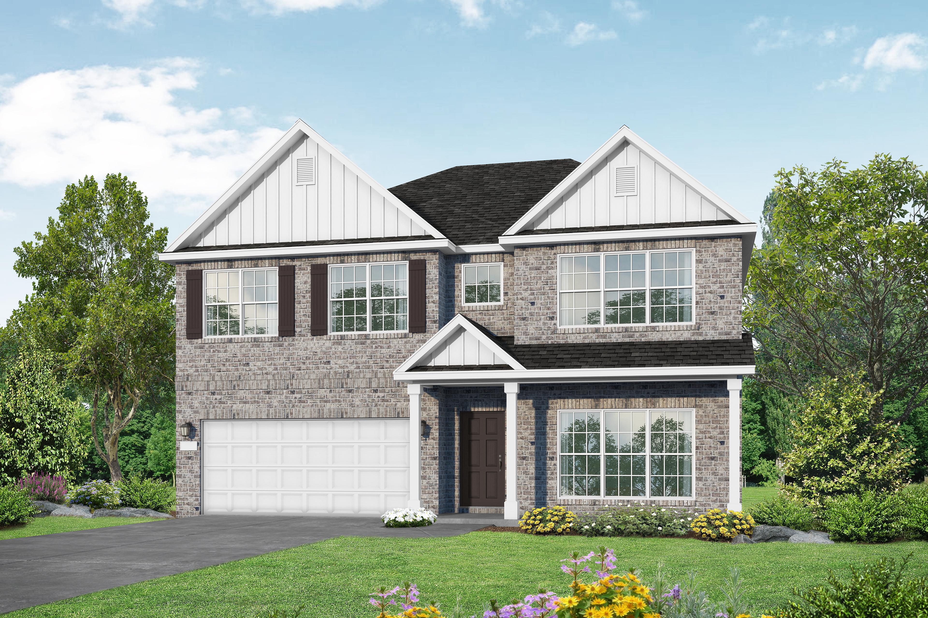 Two-story brick exterior of The Richmond D featuring a two-car garage and classic gable roofline in New Market, Alabama.
