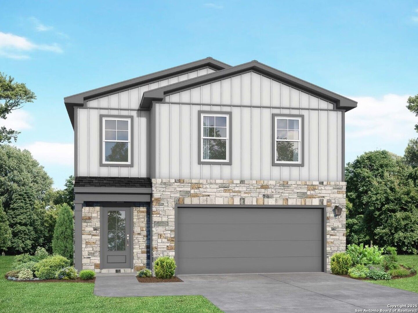 Modern 2-story home with white siding, stone facade, 2-car garage, and landscaped yard in Applewhite Meadows, San Antonio, Texas - The Brazos C by Davidson Homes